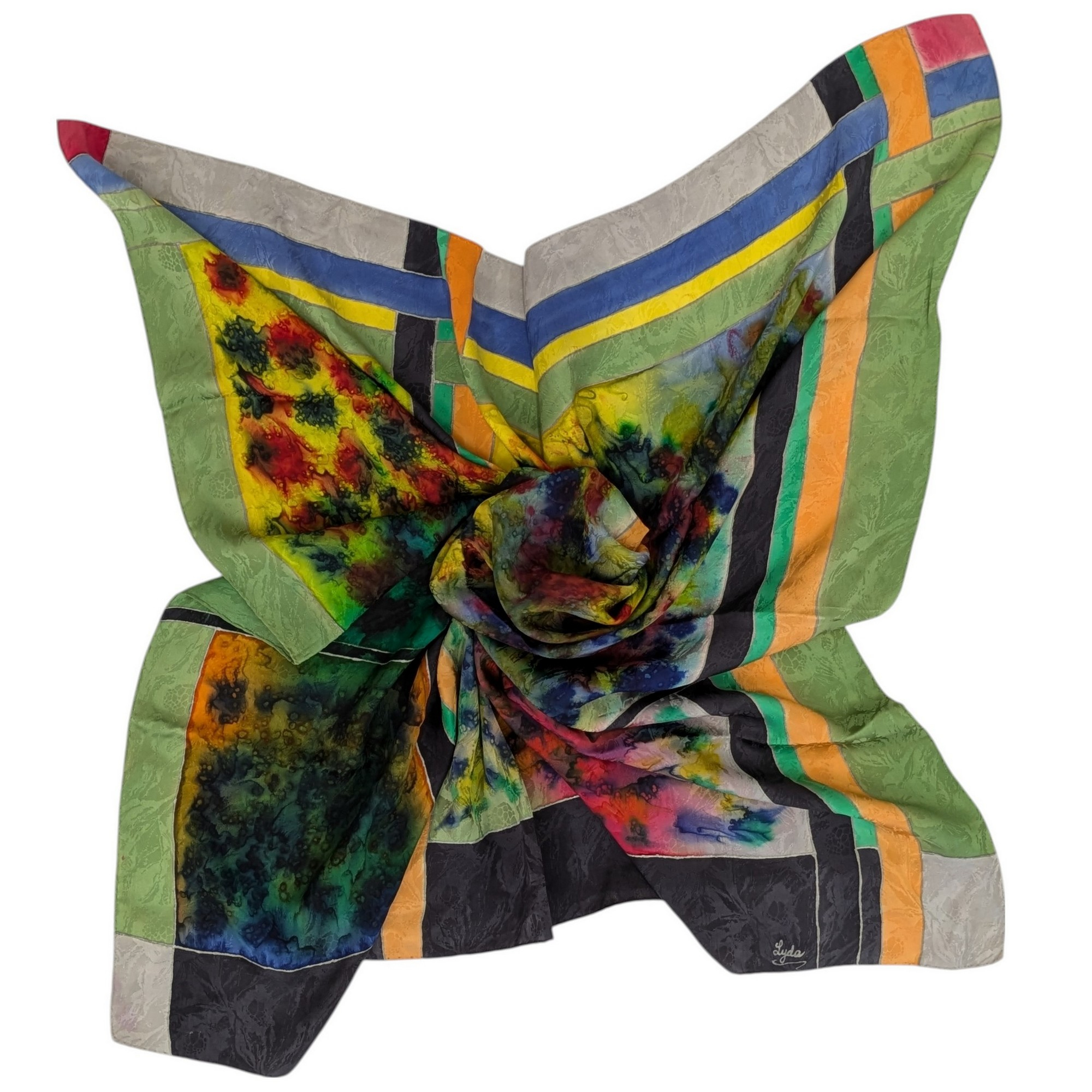 Foulard carré en soie peint à la main signé Lyda motifs abstraits multicolore - Photo 2