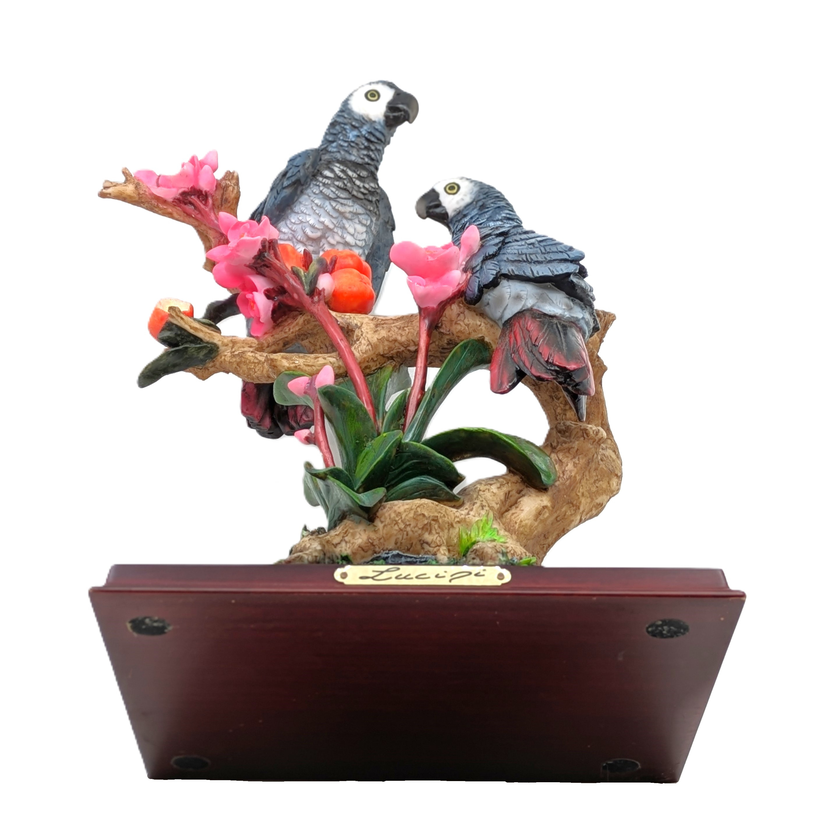 Statue décorative signée Lucini - Couple de perroquets sur branche avec fleurs tropicales. - Photo 5