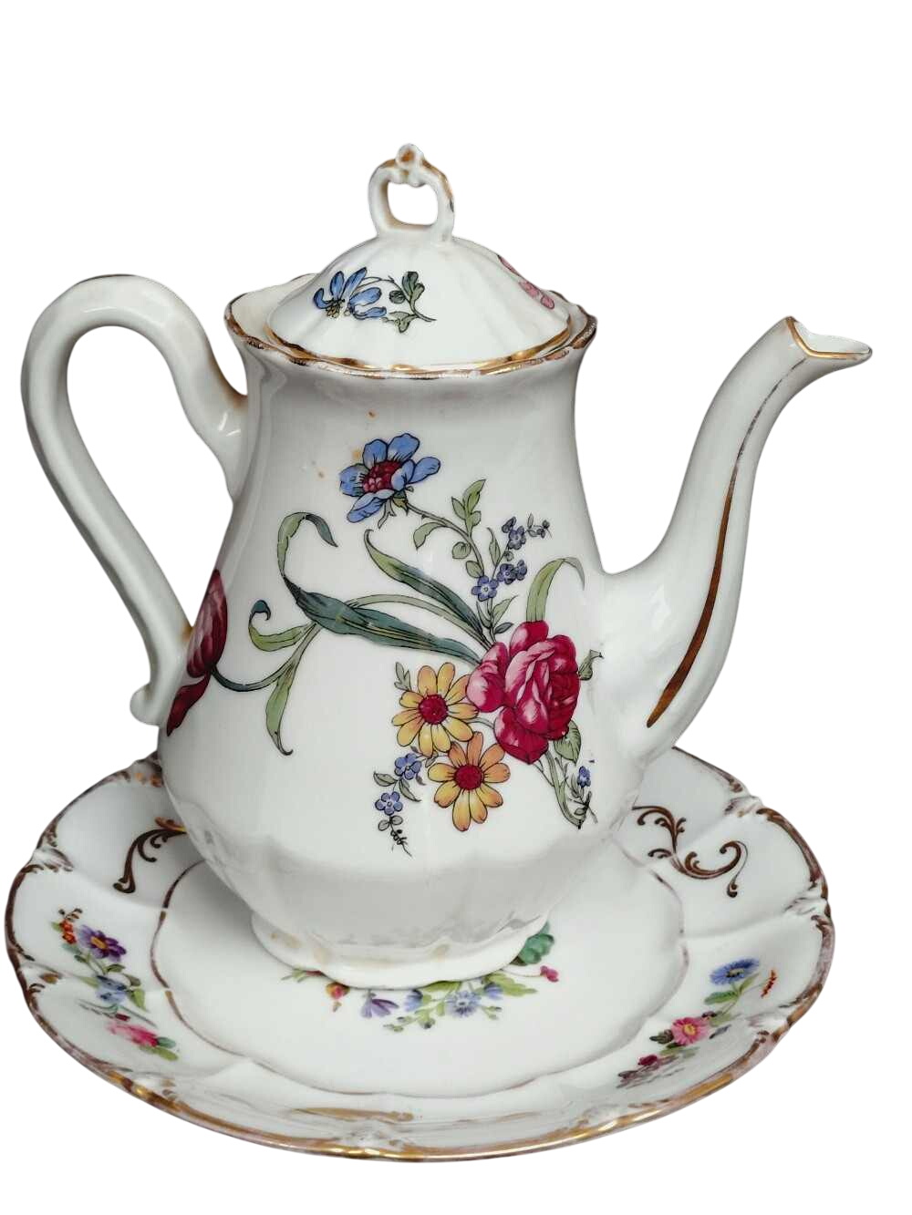 Théière et assiette plate en porcelaine de Limoges à décor floral. - Photo 0