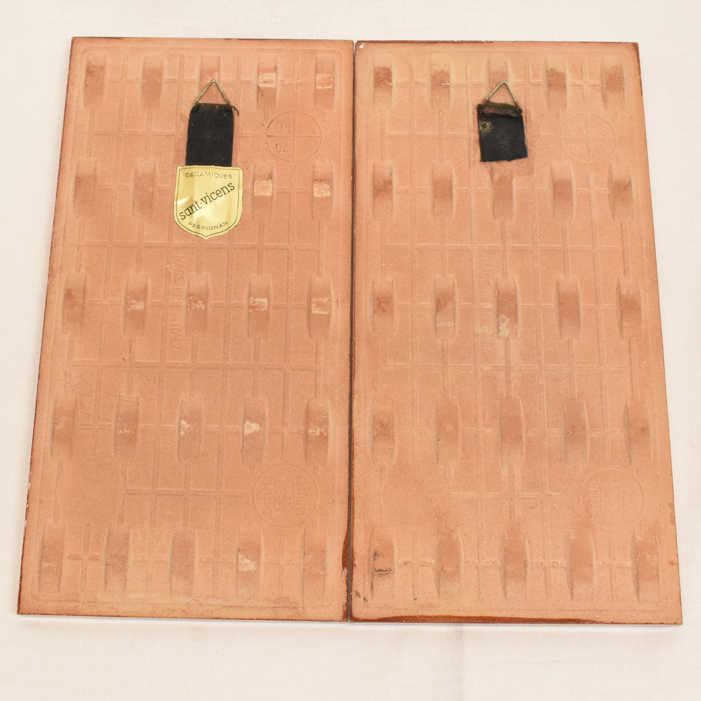 Duo de carreaux de céramique décor floral Signées P. Bay St VICENS Perpignan  Bon état - Vue 4 - 