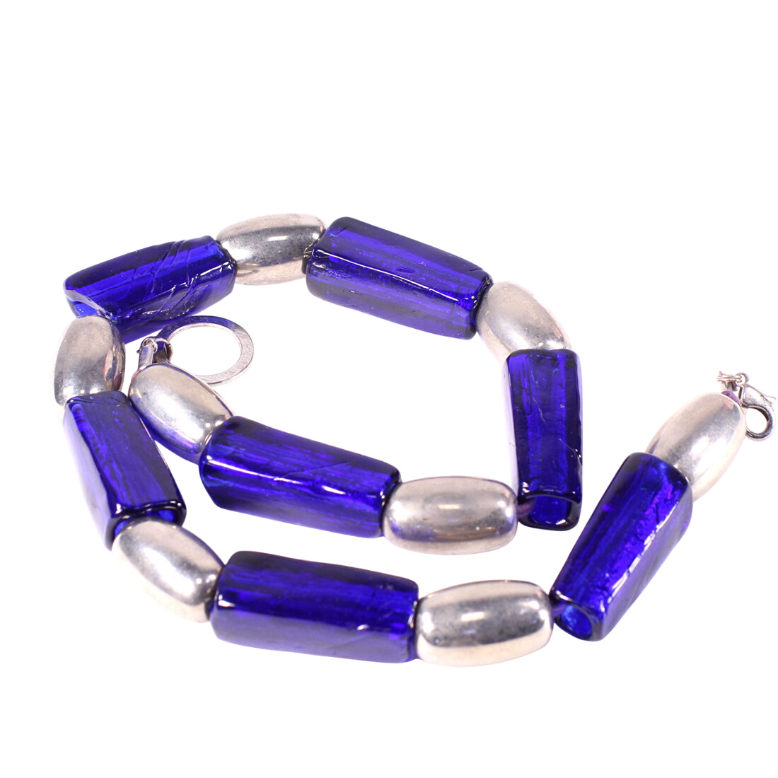 Collier tube mtal argent et pte de verre bleu marine - Label Emmaus - Modalova