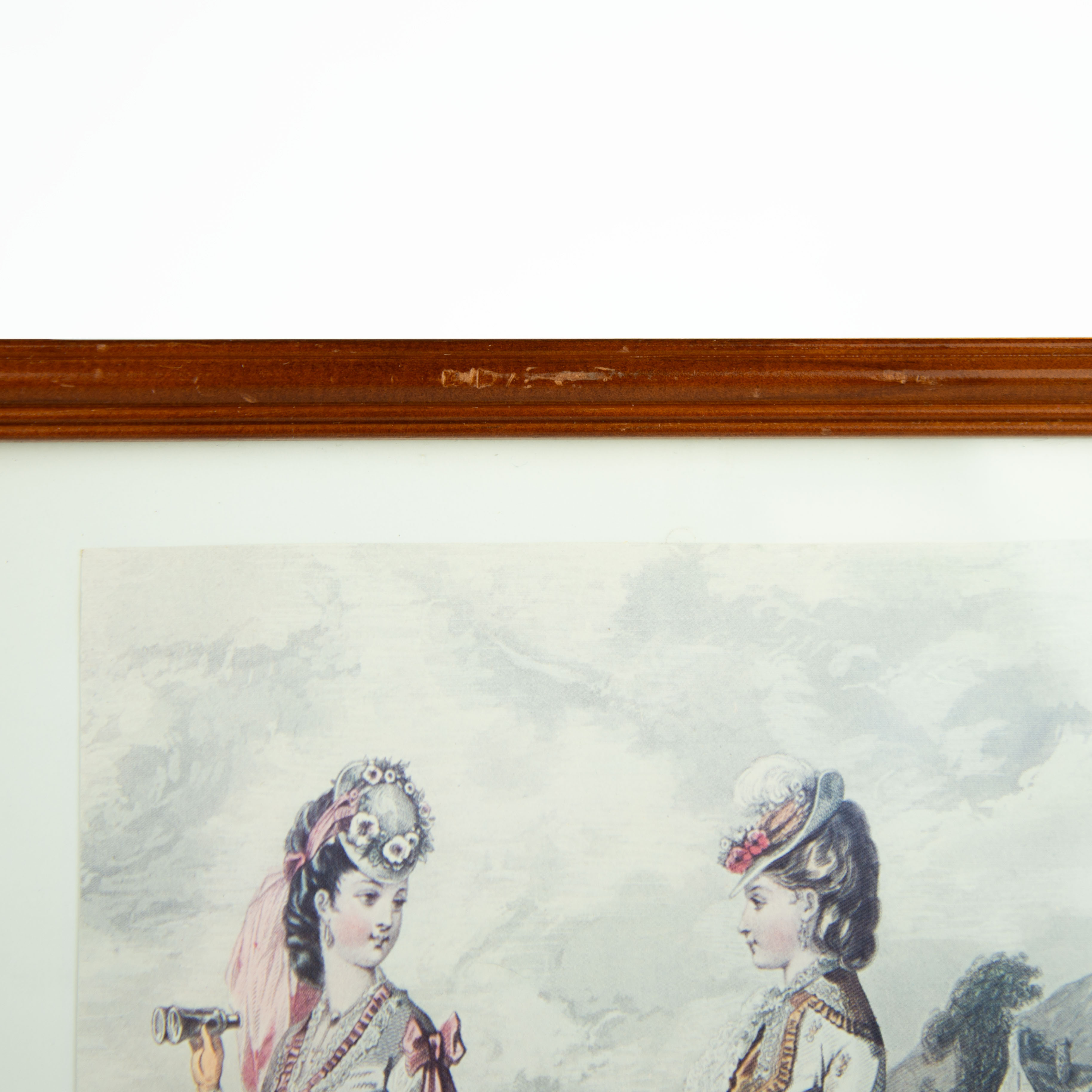 Lithographie "Le moniteur de la mode" par Jules David du XIXe siècle sur les modes parisiennes avec deux femmes riches en robes et chapeaux rose et doré des années 1870 de 32cm sur 26cm Bon état - Vue 2 - 