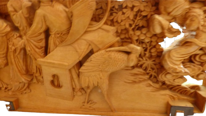 Haut relief Asiatique en bois sculpté sur son support - scène de hérons - Photo 5