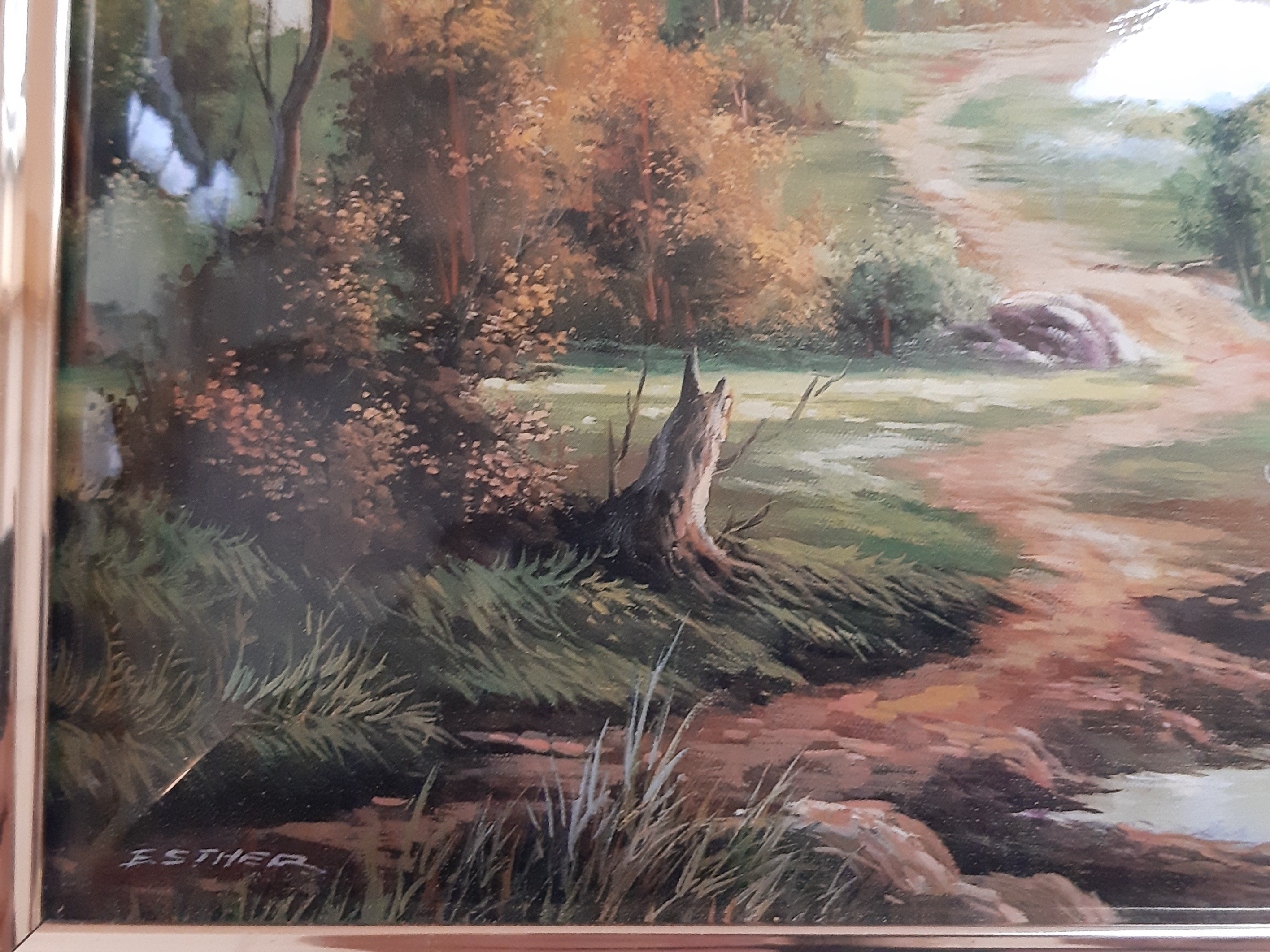 Grand tableau émaux sur cuivre, paysage champêtre, signé ESTHER, vintage - Bon état - Photo 4