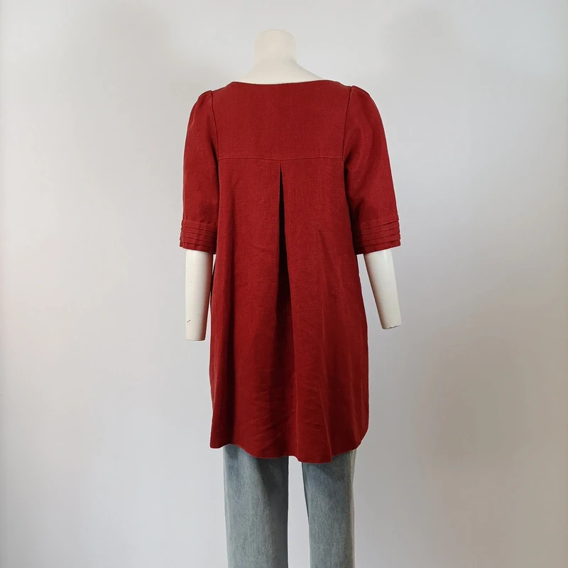 Veste longue rouge lin mélangé manches courtes style rétro Taille 38  - Vue 5 - 