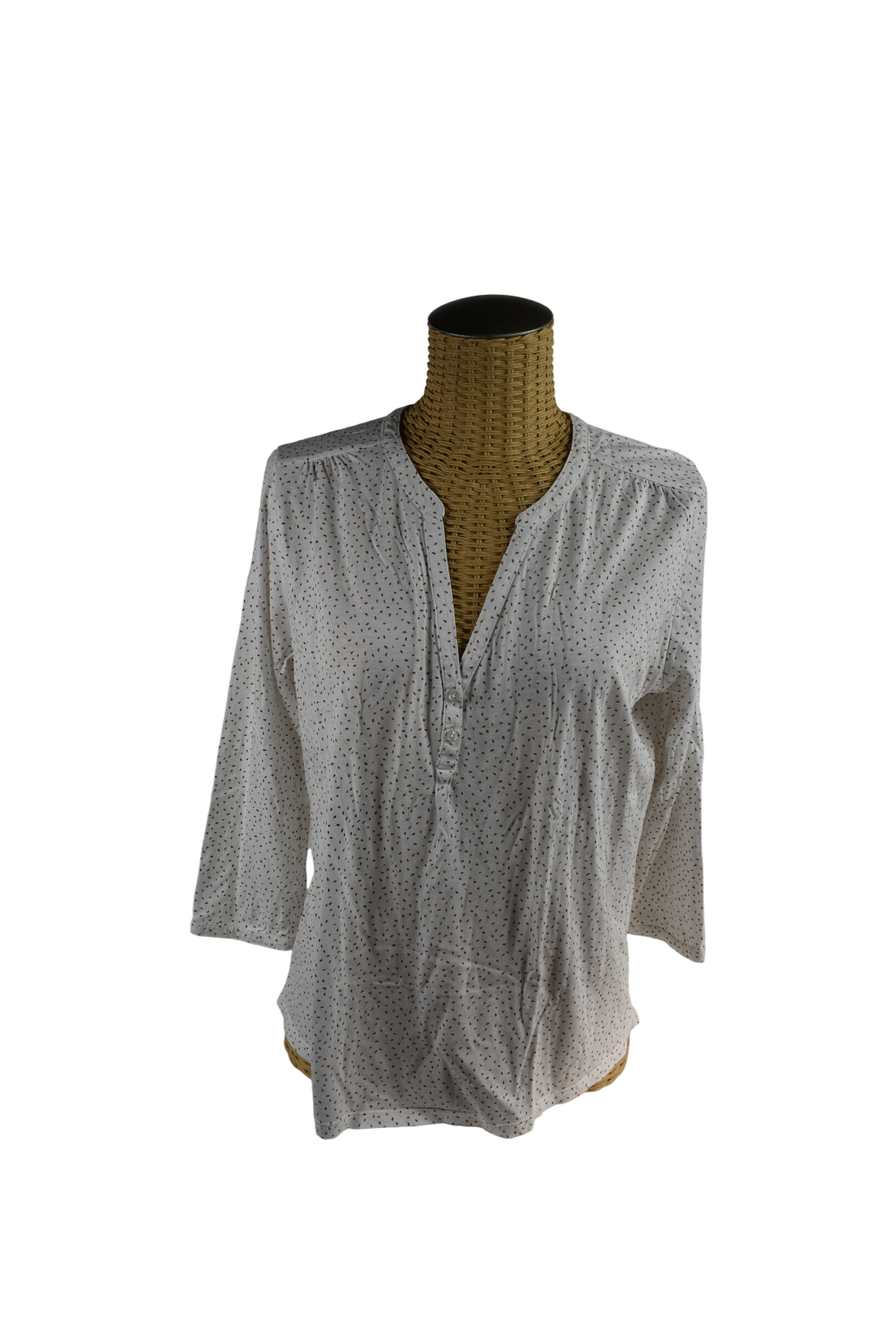 Chemisier Caroll, manches longues, taille 42, col en V, en coton de couleur blanche avec pointillés de couleur marron. Bon état -  reconditionné disponible sur Label Emmaüs