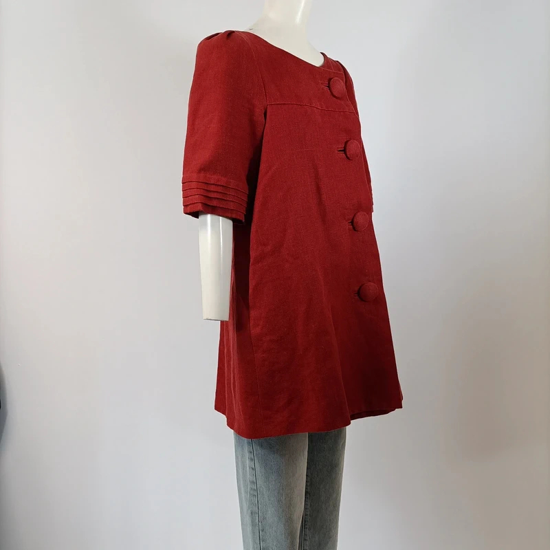 Veste longue rouge lin mélangé manches courtes style rétro Taille 38  - Vue 3 - 