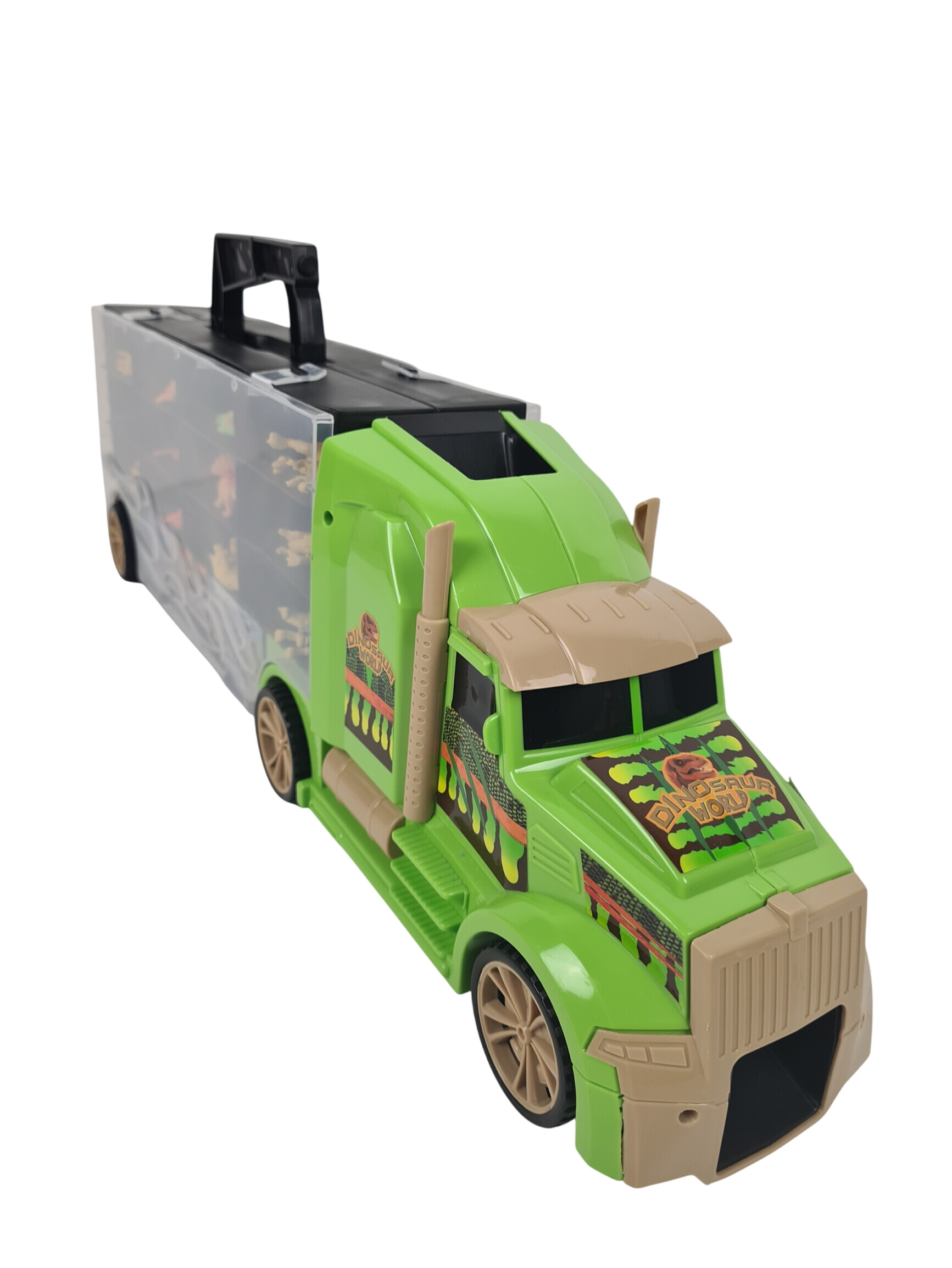 Voiture - Camion transportant des voitures "Dinosaur World- 16 dinosaures et 10 véhicules assortis - 54 x 16 x 9 cm.  -  reconditionné disponible sur Label Emmaüs