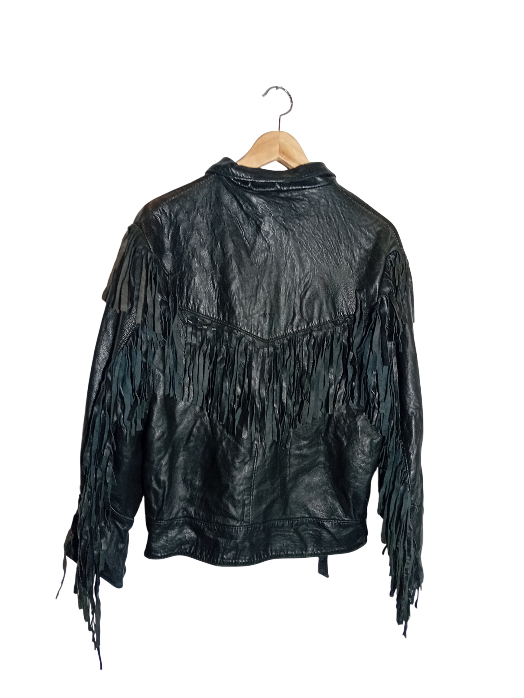 Veste Cuir Noir À Franges Style Western Biker Autre (T4279)  - Vue 2 - 