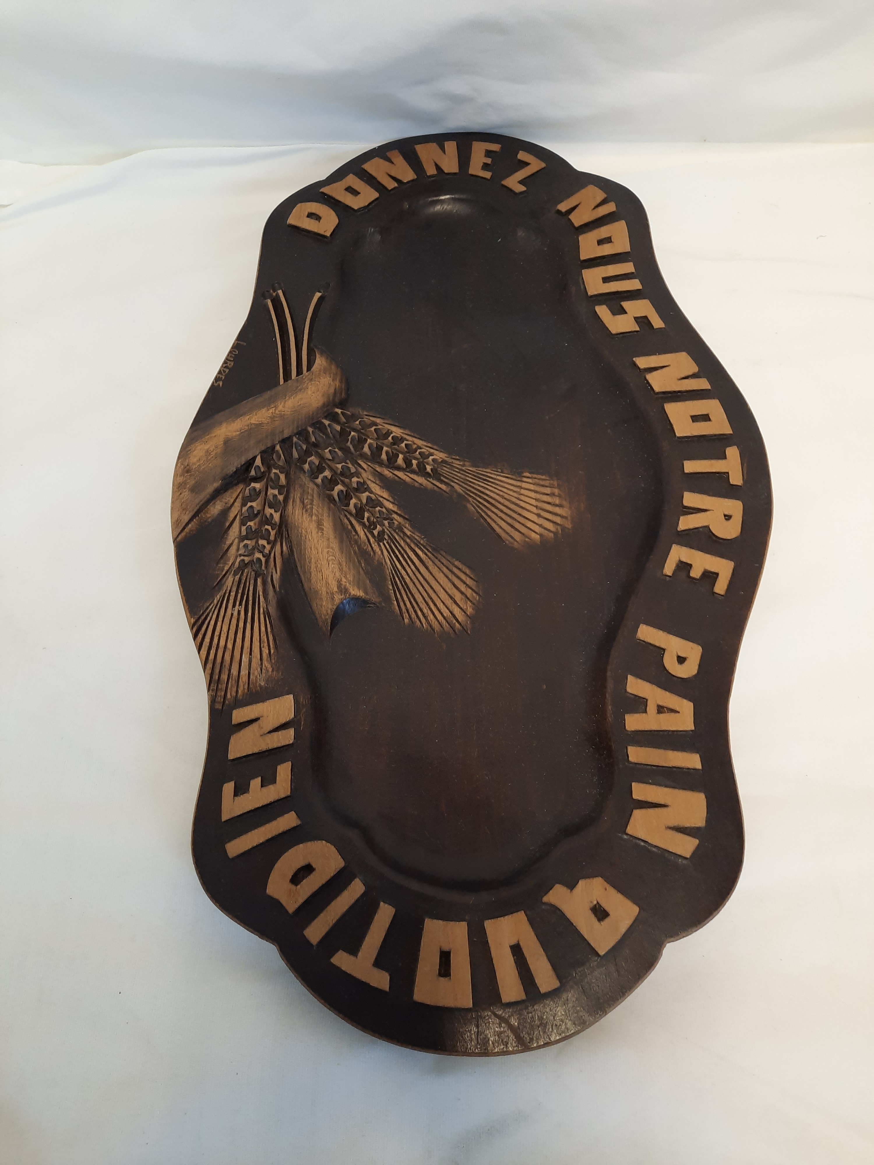 Assiette Prière du Seigneur Antique en Bois Lourdes État correct - Vue 3 - 