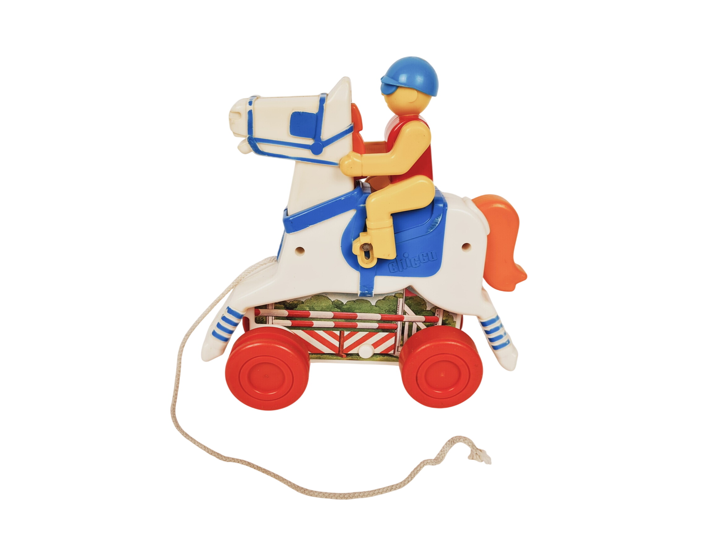 Jeu à tirer vintage "1960 " Jockey sur son cheval de course - Chicco État correct -  reconditionné disponible sur Label Emmaüs