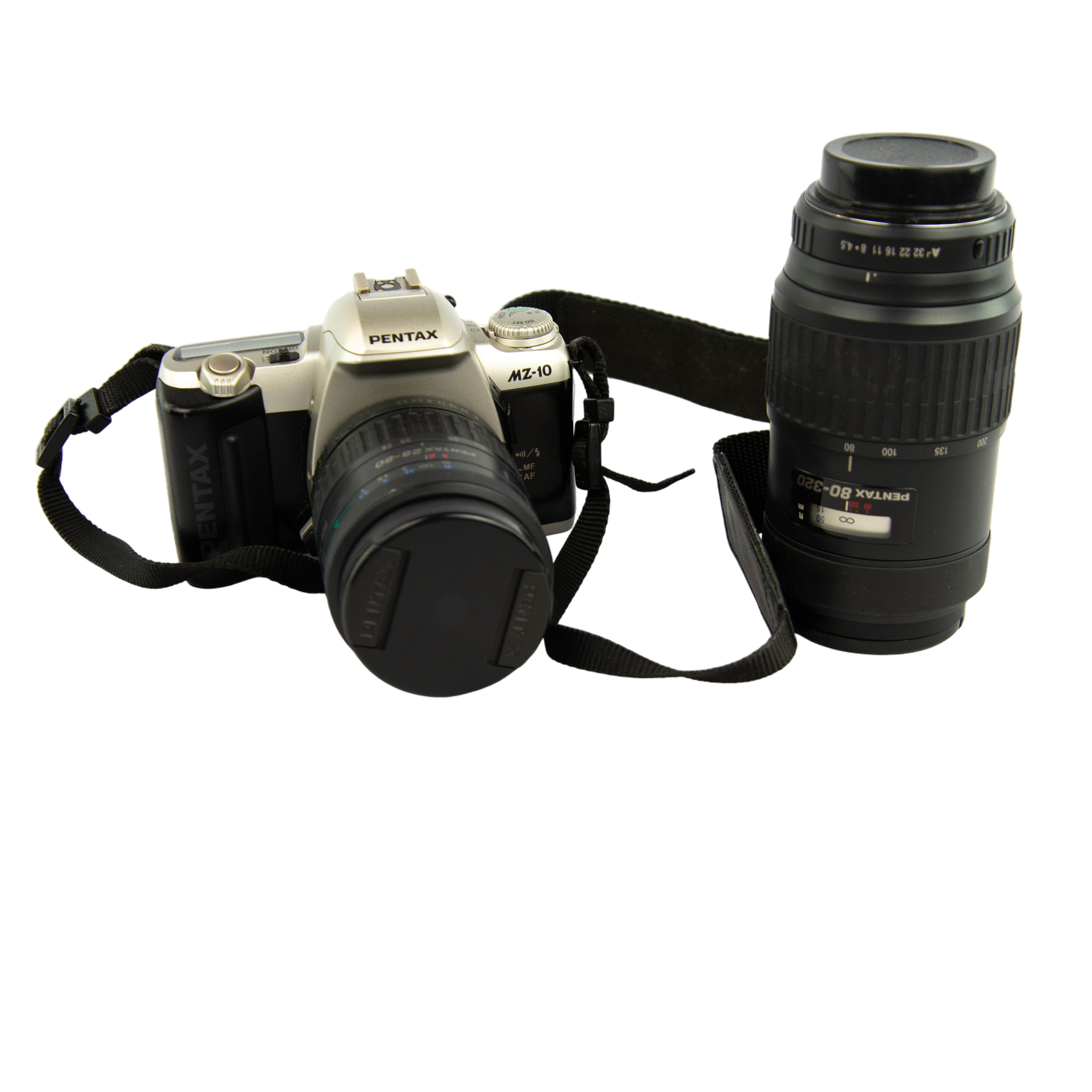 Appareil photo argentique Pentax MZ-10 35mm gris et noir avec objectif Pentax 28-80mm 1:3.5-5.6 et objectif 80-320 1:4.5-5.6 - Photo 0