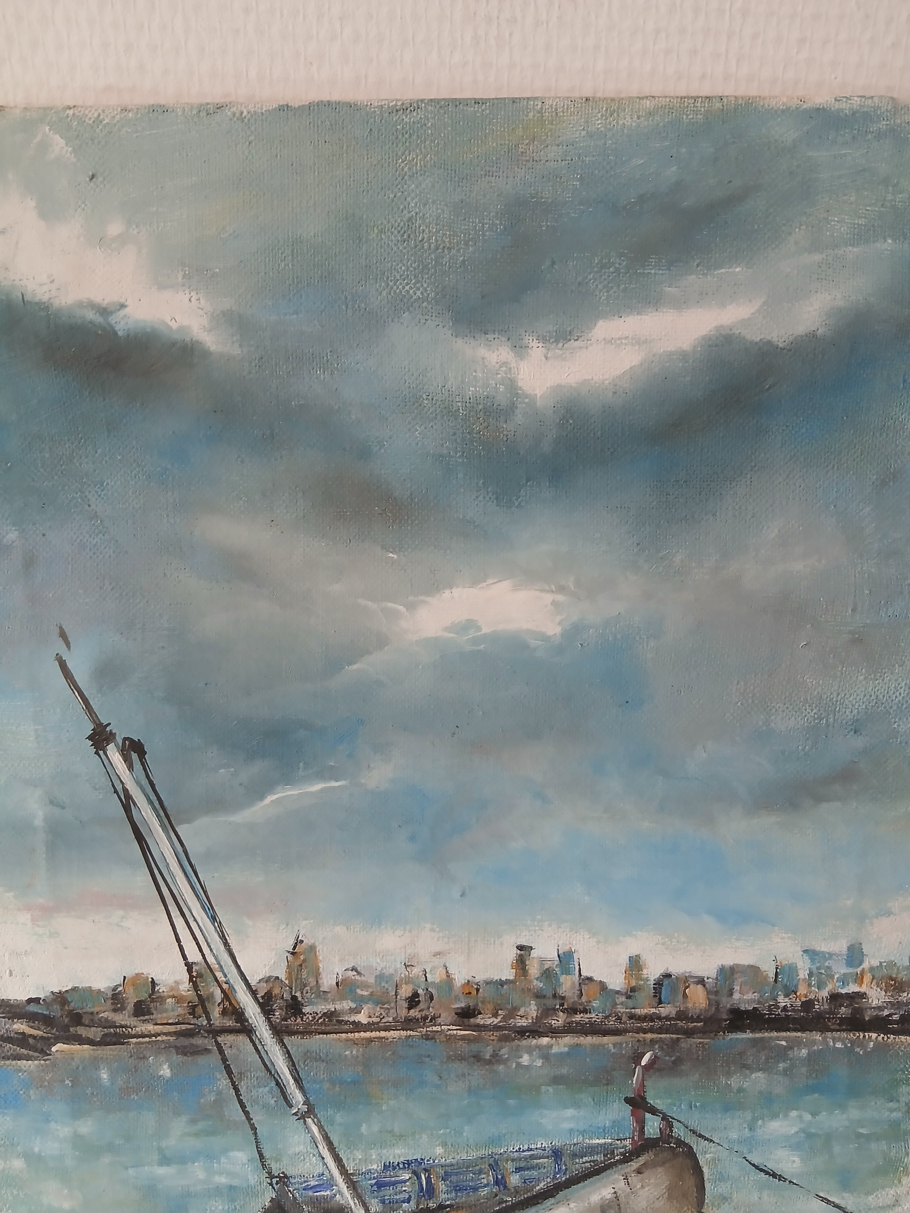 Tableau huile sur toile d'un bateau échoué. Signature à identifier. - Photo 3