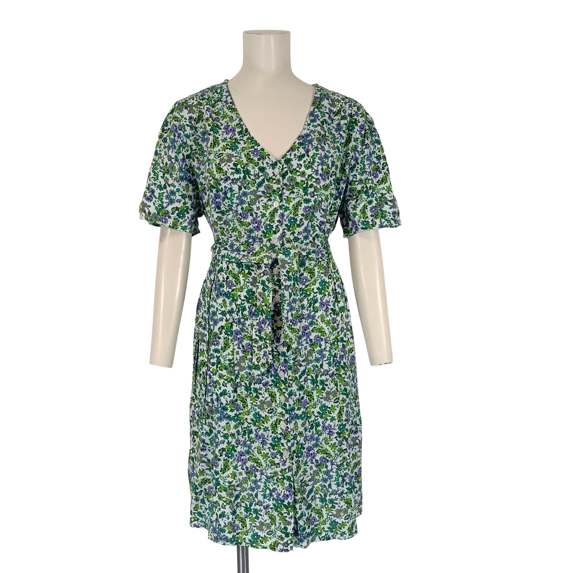 Robe fleurie verte bleu boutonnée manches courtes taille ajustée Comme neuf -  reconditionné disponible sur Label Emmaüs