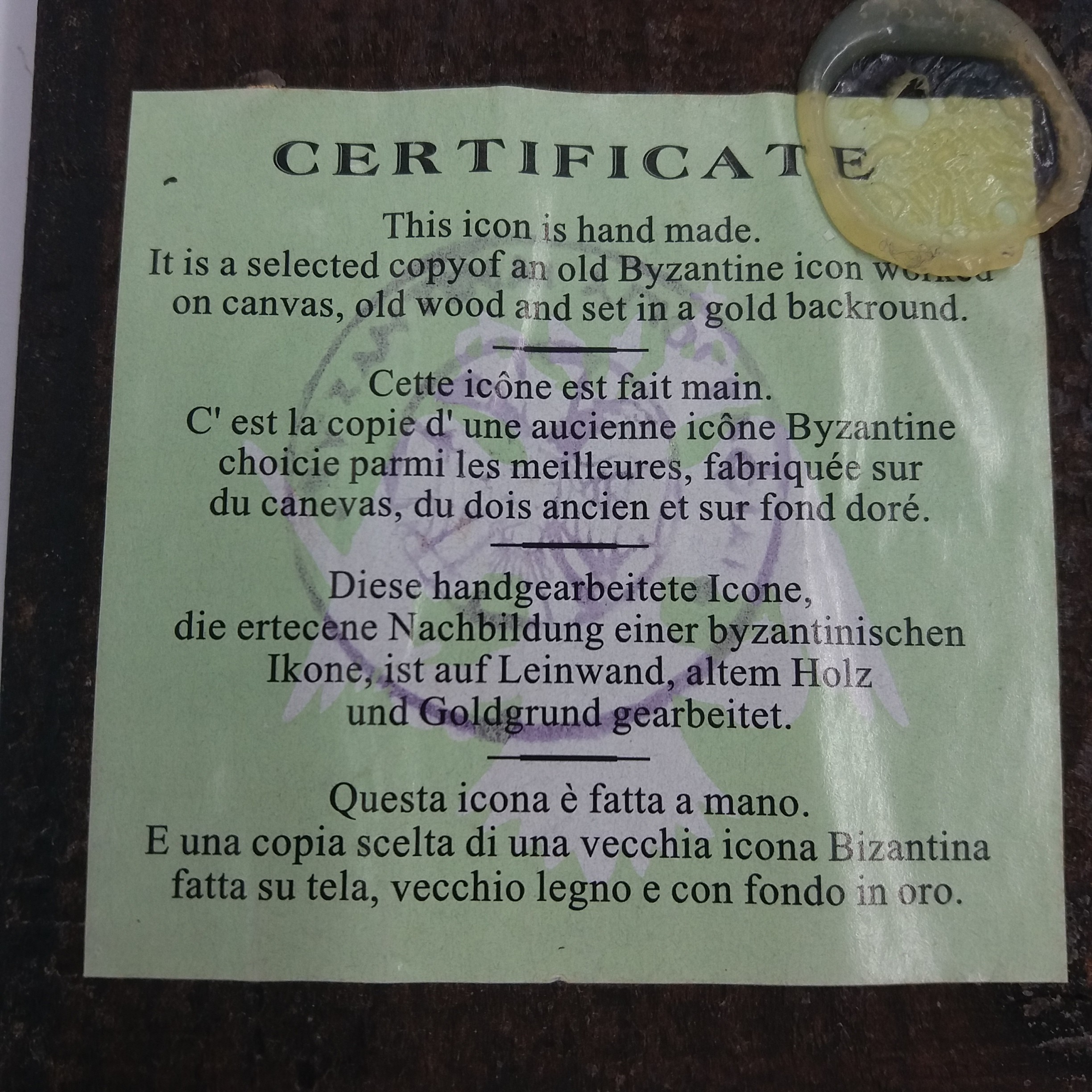 Icône Byzantine grecque orthodoxe. Faite à la main. Support bois. Certificat d’authenticité au dos. - Photo 3