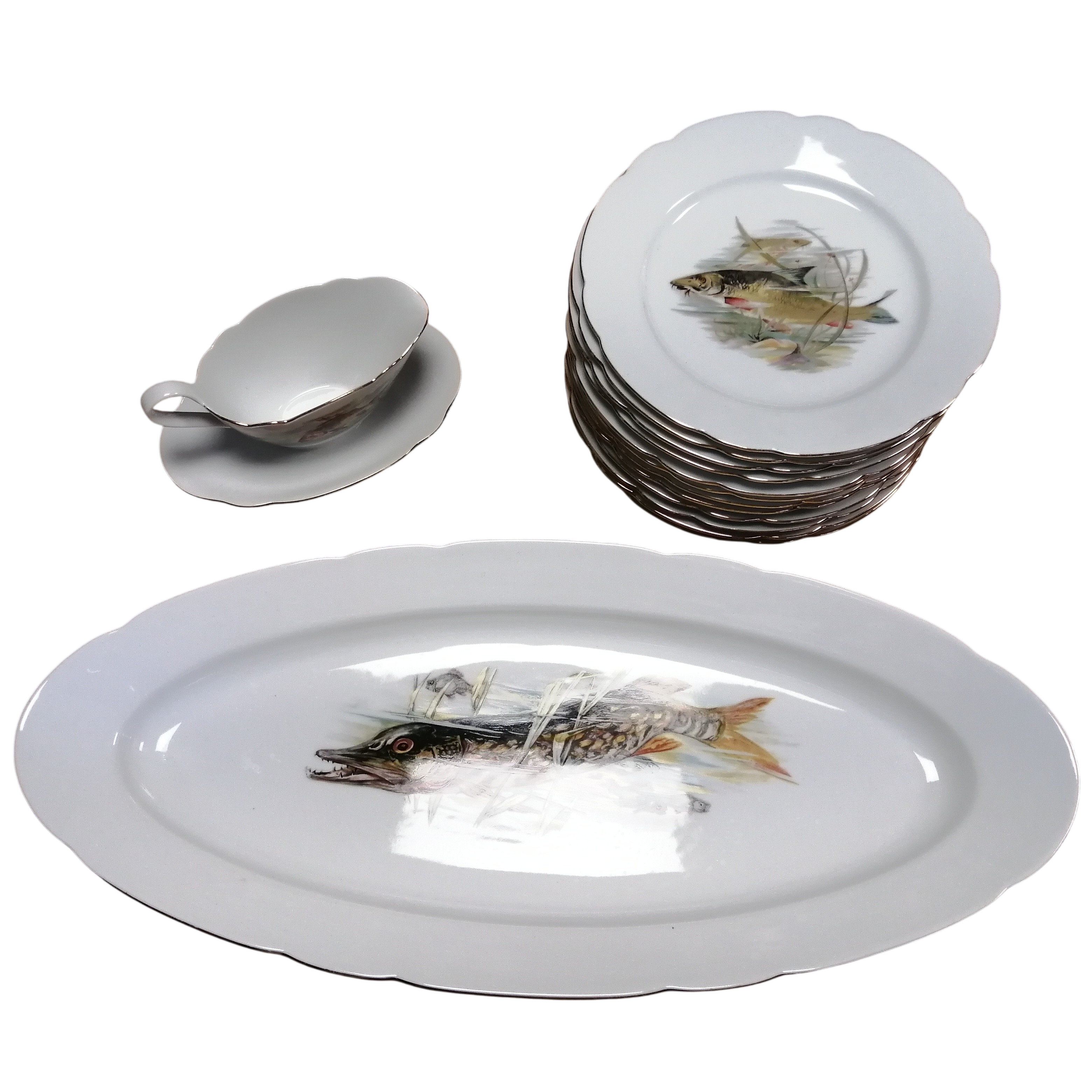 Service à Poisson 12 assiettes et un plat en porcelaine