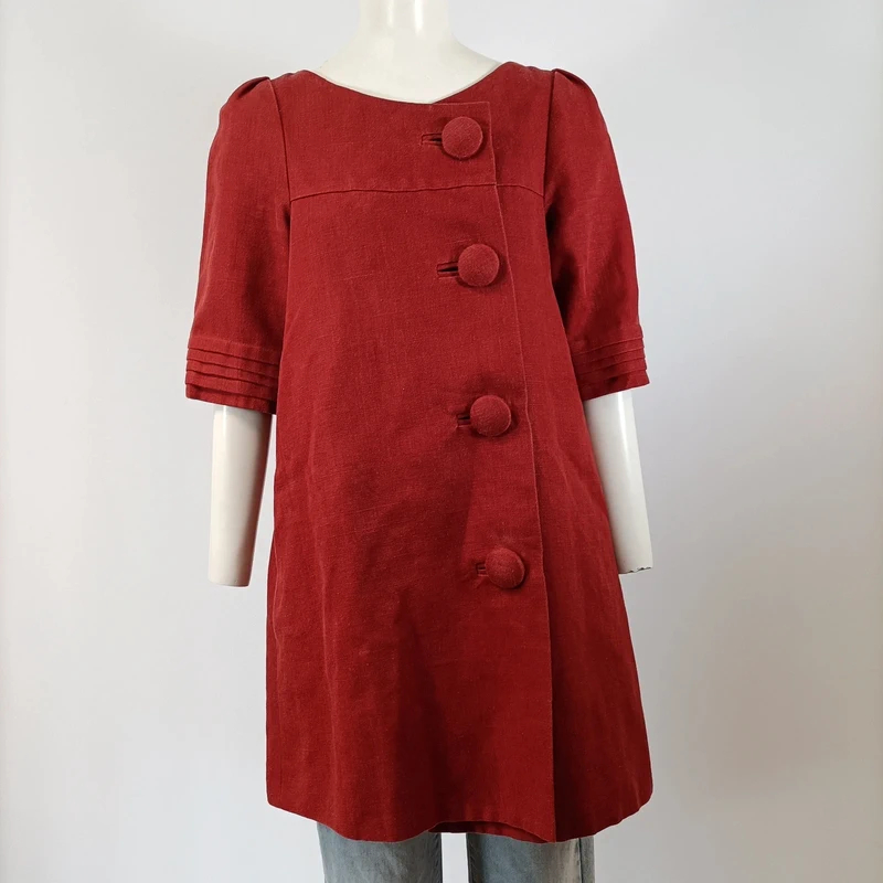 Veste longue rouge lin mélangé manches courtes style rétro Taille 38  - Vue 2 - 