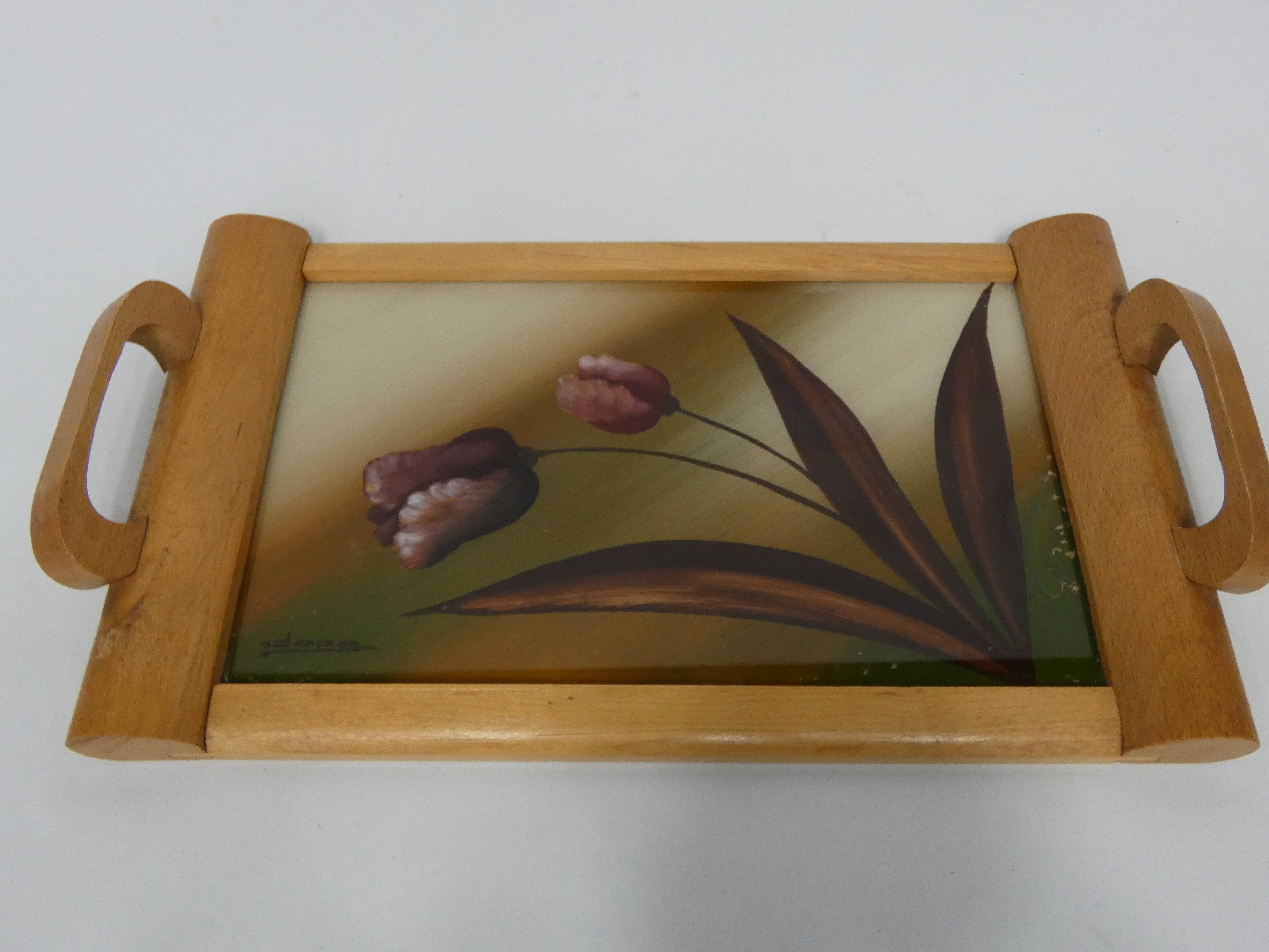 Plateau de service vintage en bois décor tulipe signé DOPE - Photo 0