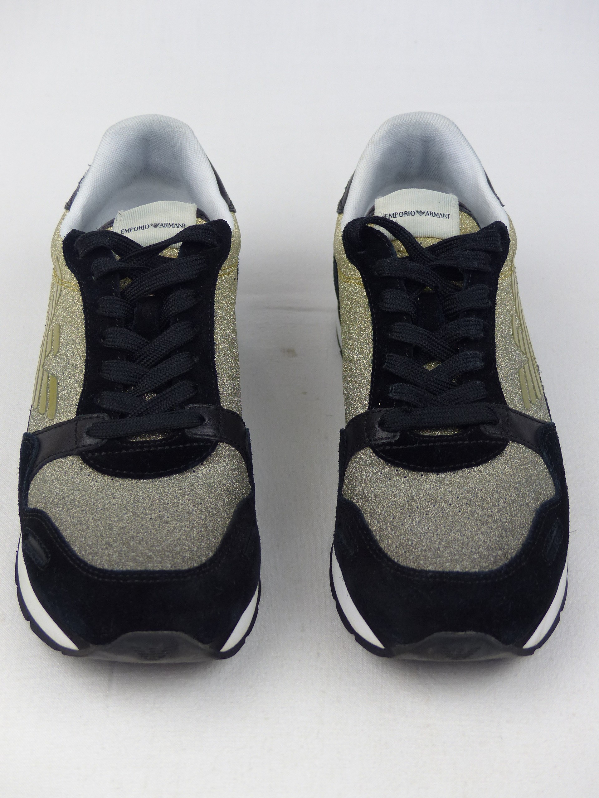 Baskets Emporio Armani Paillettes Or et Cuir/Daim Noir - Photo 9