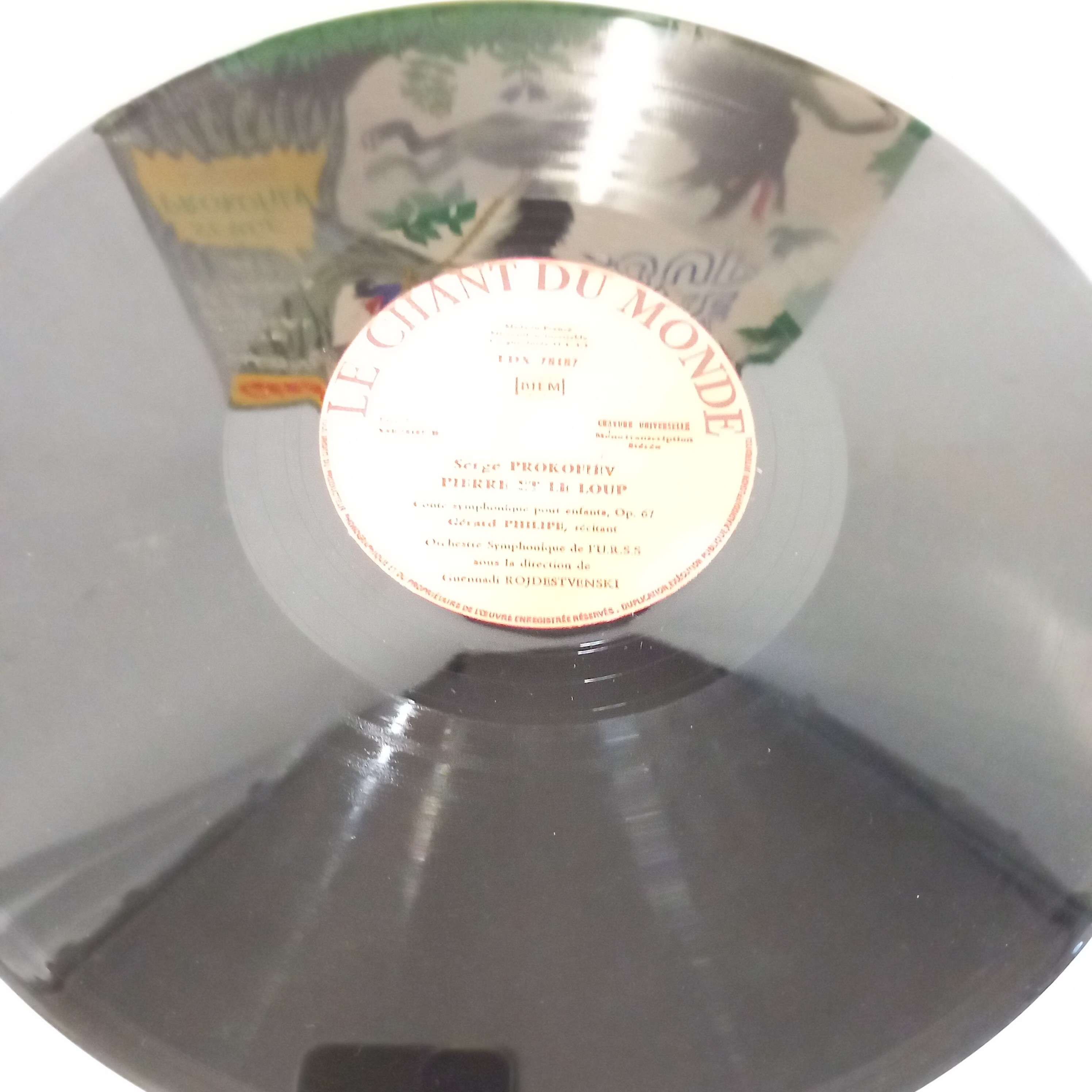 Vinyle "Pierre Et Le Loup" : Gérard Philipe raconte un conte musical pour les enfants", composé par Serge Prokofiev, Orchestre Symphonique de L'U.R.S.S., chef d'orchestre G. Rojdestvenski, 1956 Bon état - Vue 6 - 