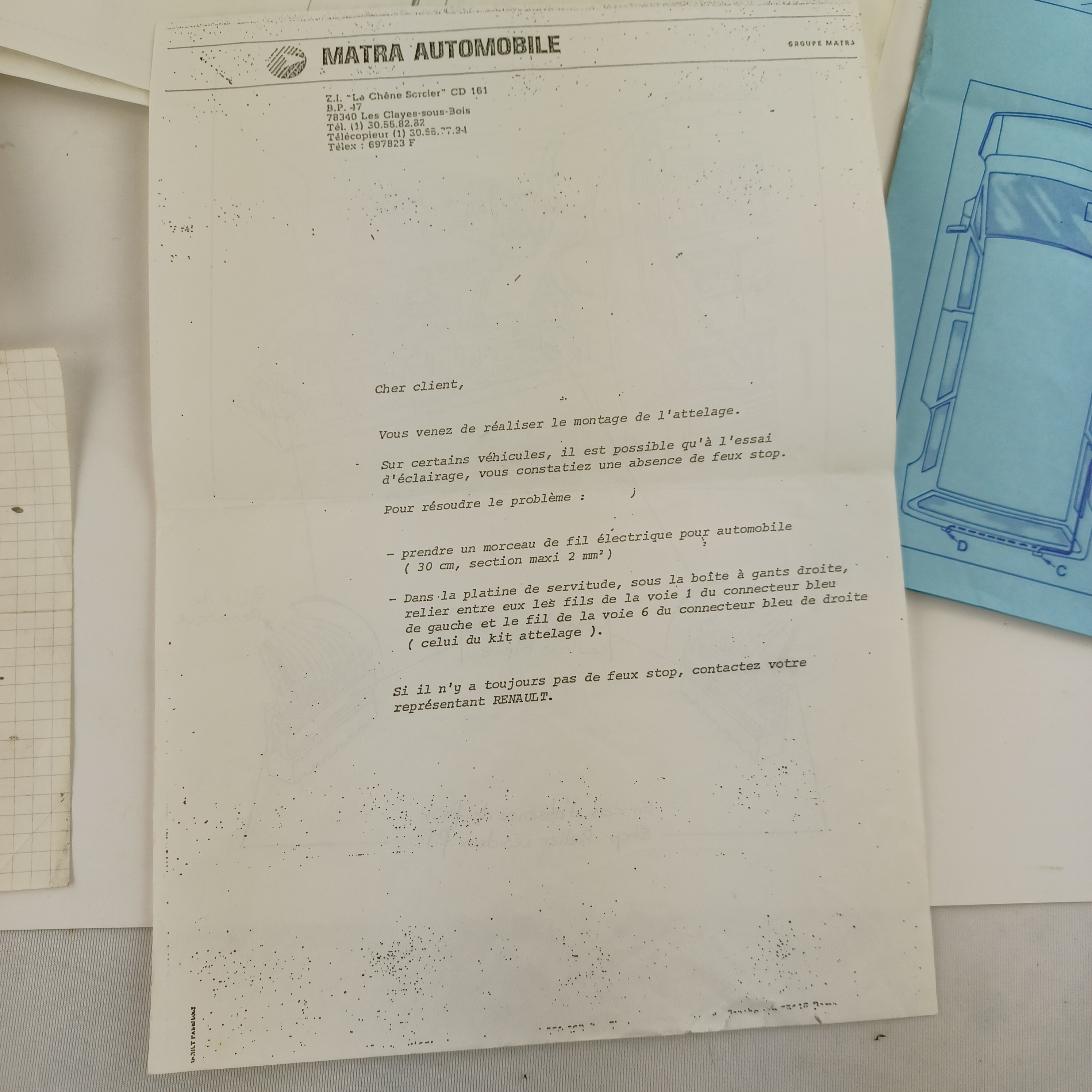 Lot de documents techniques Matra Automobile avec Attelage & branchements (1987–1988) Très bon état - Vue 2 - 