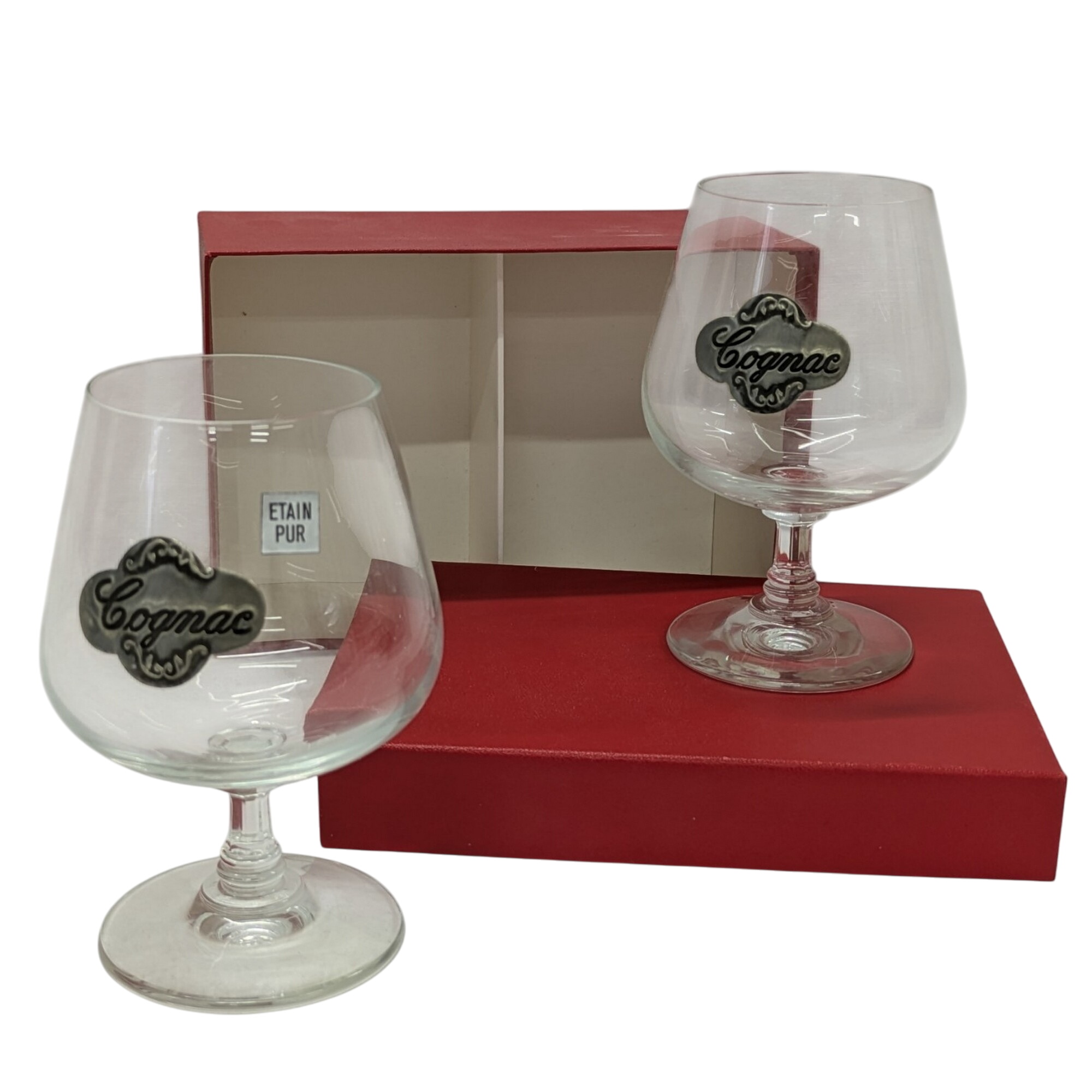 Coffret neuf de 2 verres à pied Digestif Cognac verre ( ou cristal) et étain vintage - Photo 0