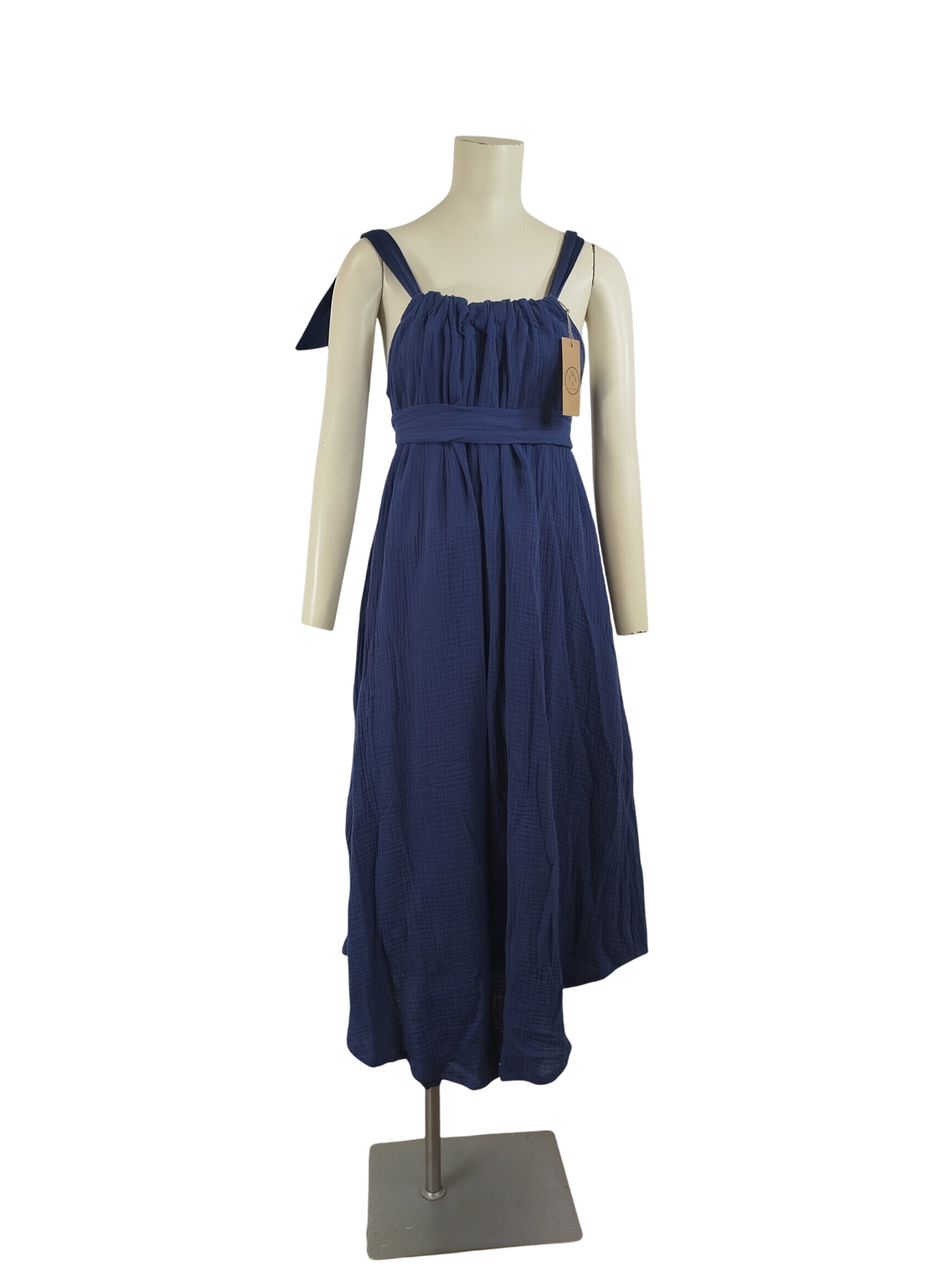 Robe longue marine  nouer aux paules Quintessence 100% coton gaufr - Label Emmaus - Modalova