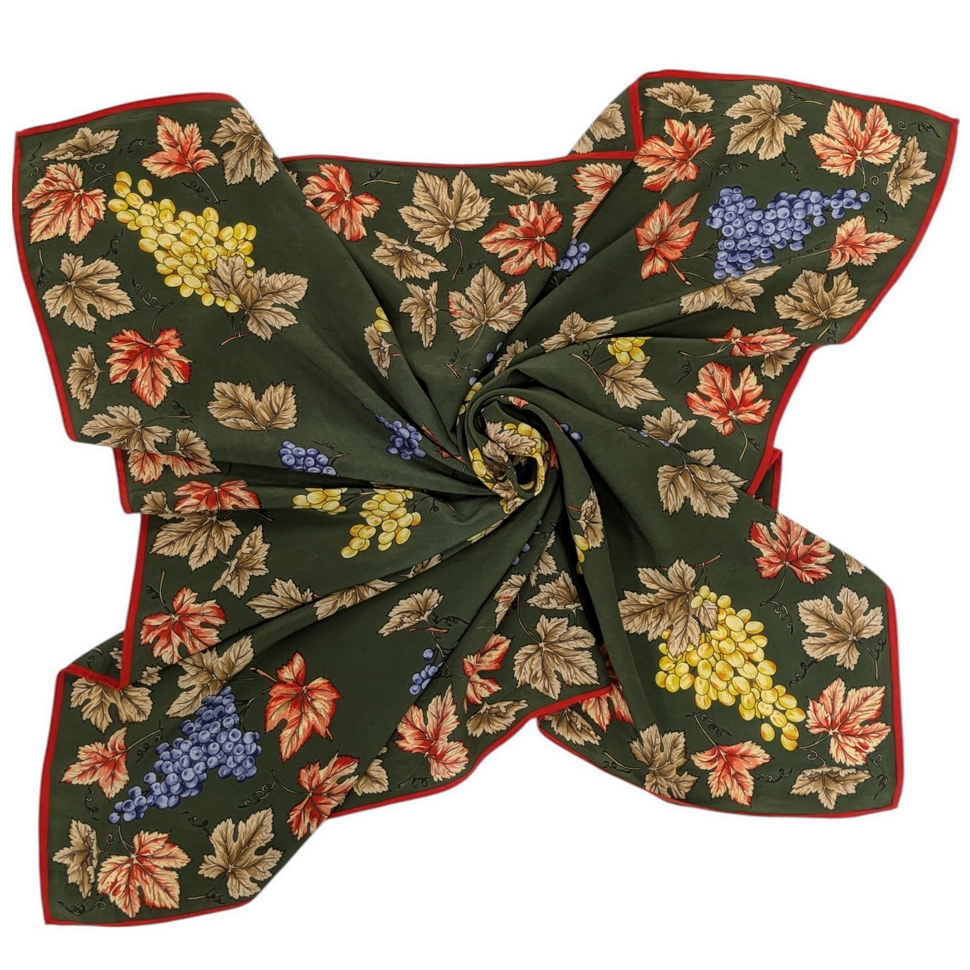 Foulard vintage en soie Imprimé raisins, pampres et feuilles de vigne Tour de cou Carré 80 x 85 cm - Photo 2