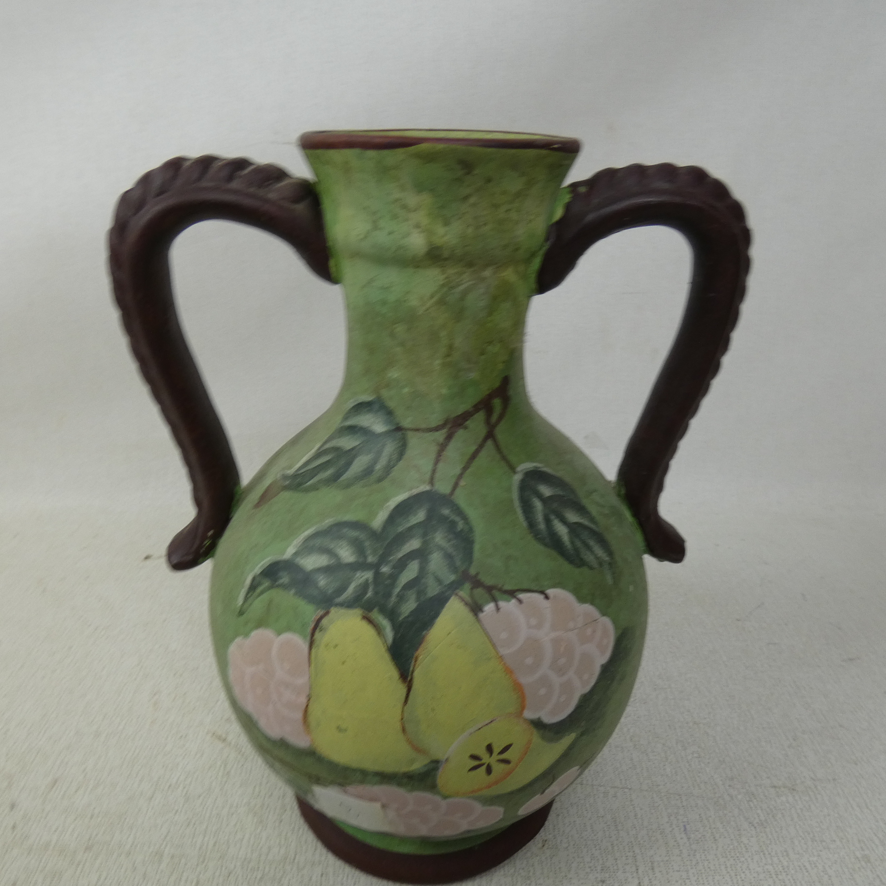 Vase/Cruche en Terre Cuite Forme Amphore(Ansé) Vintage Décor Fruits  - Vue 4 - 