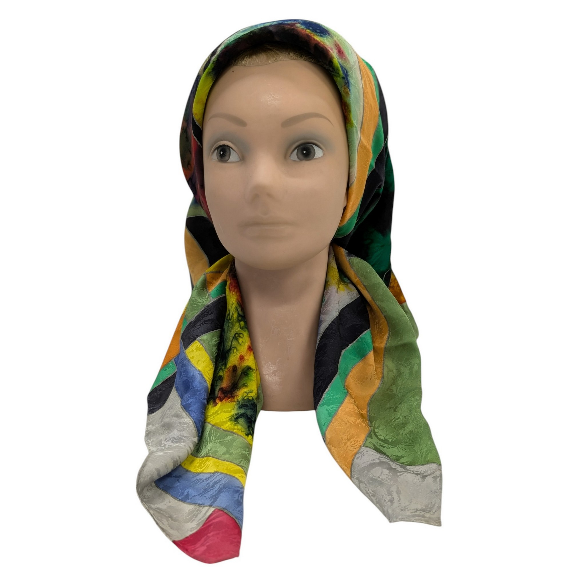 Foulard carré en soie peint à la main signé Lyda motifs abstraits multicolore - Photo 1