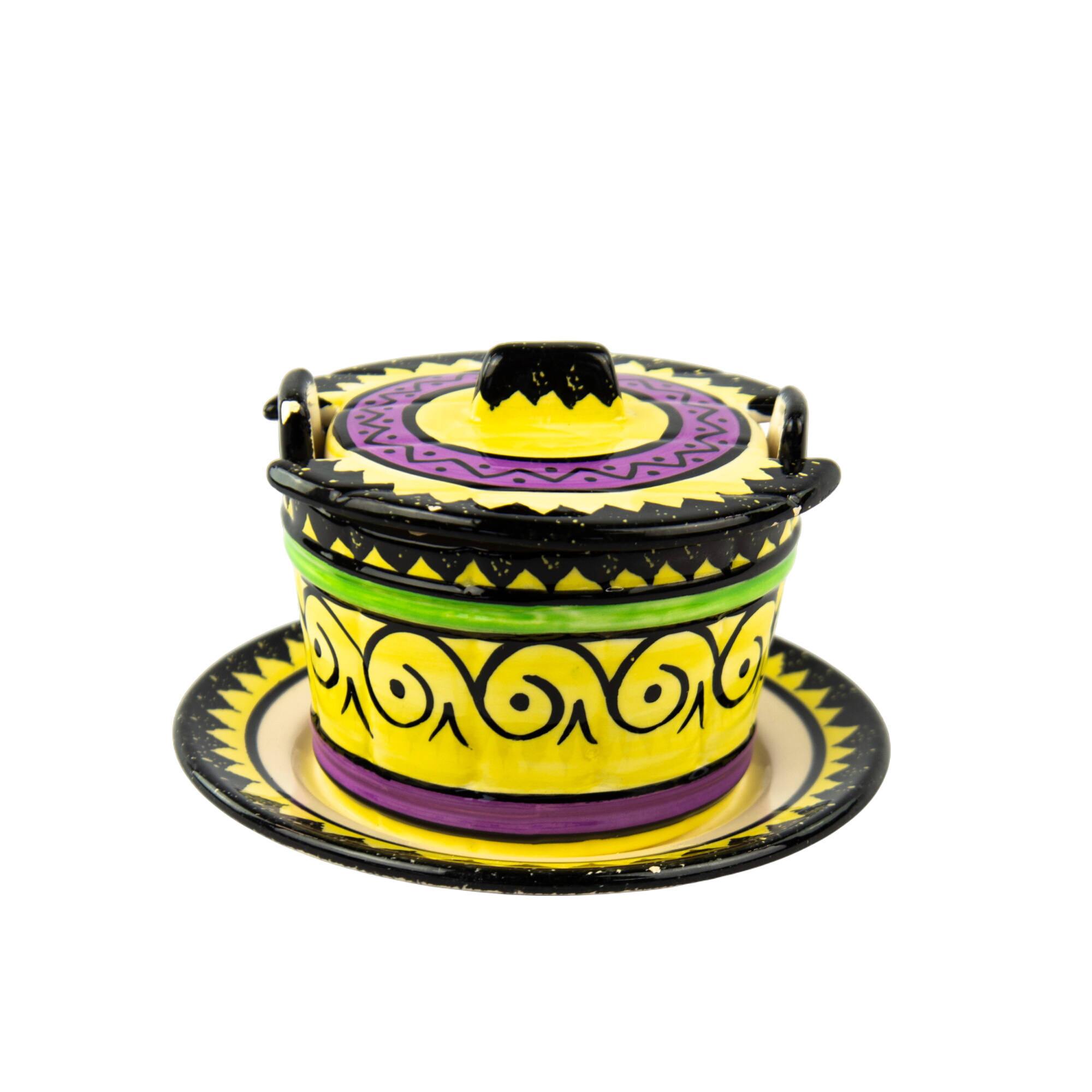 Pot Quimper décoré violet jaune et vert avec sa sous-assiette Très bon état -  reconditionné disponible sur Label Emmaüs