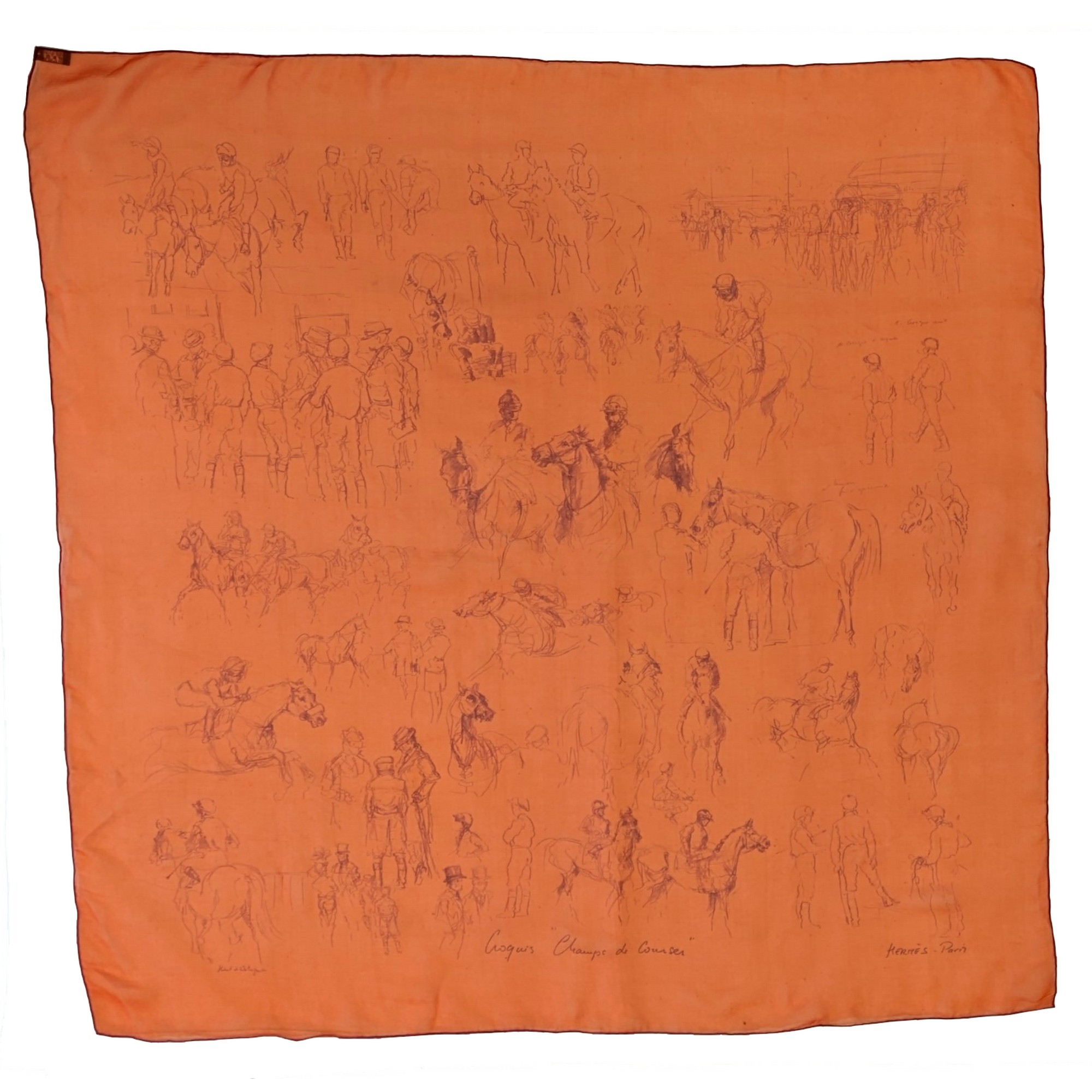 Hermès Croquis champs de courses Foulard Carré de soie 88 x 89 cm Design Hubert de Watrigant - Bon état sur Label Emmaüs