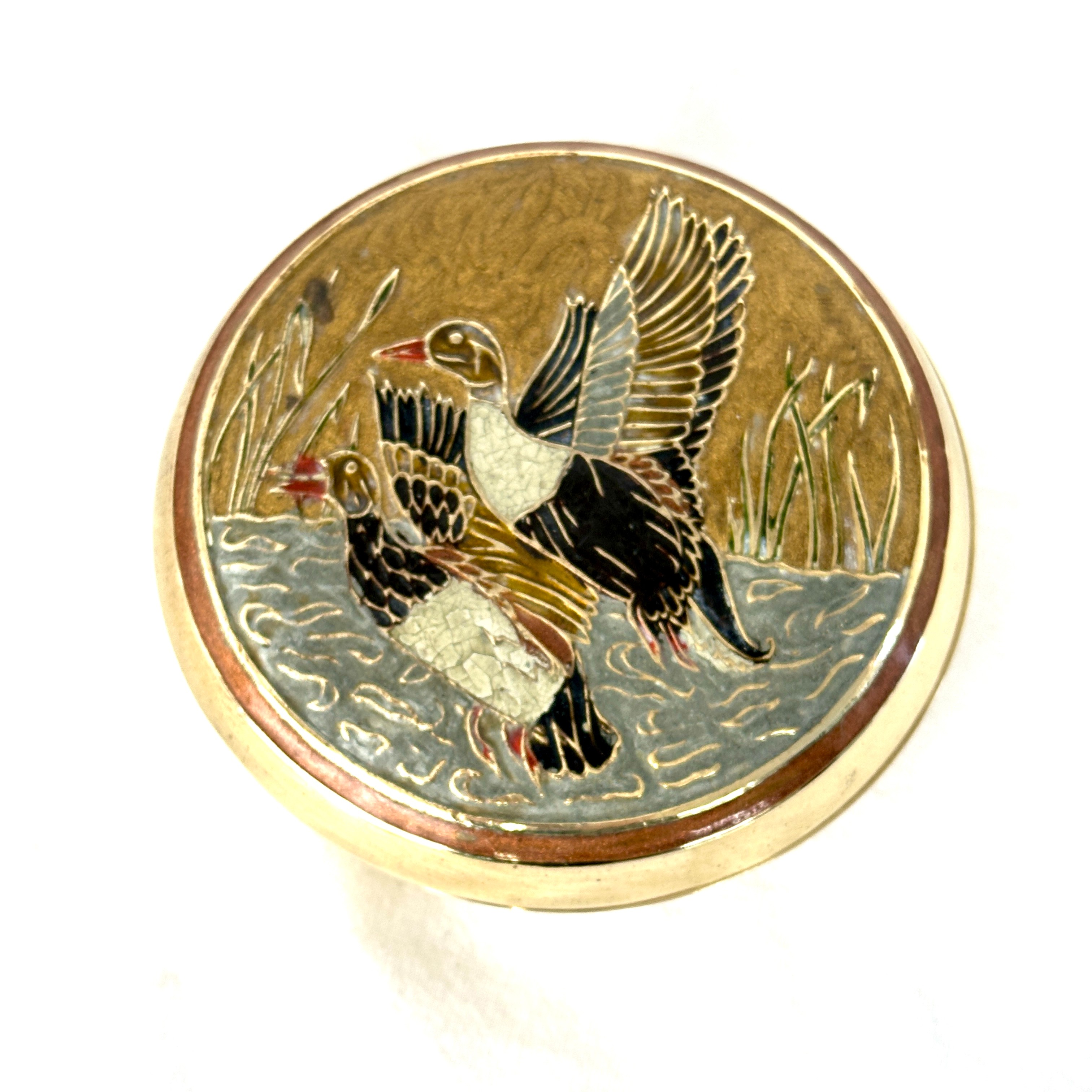 Bonbonnière ou vide poche en laiton décor peint de 2 canards  - Photo 4