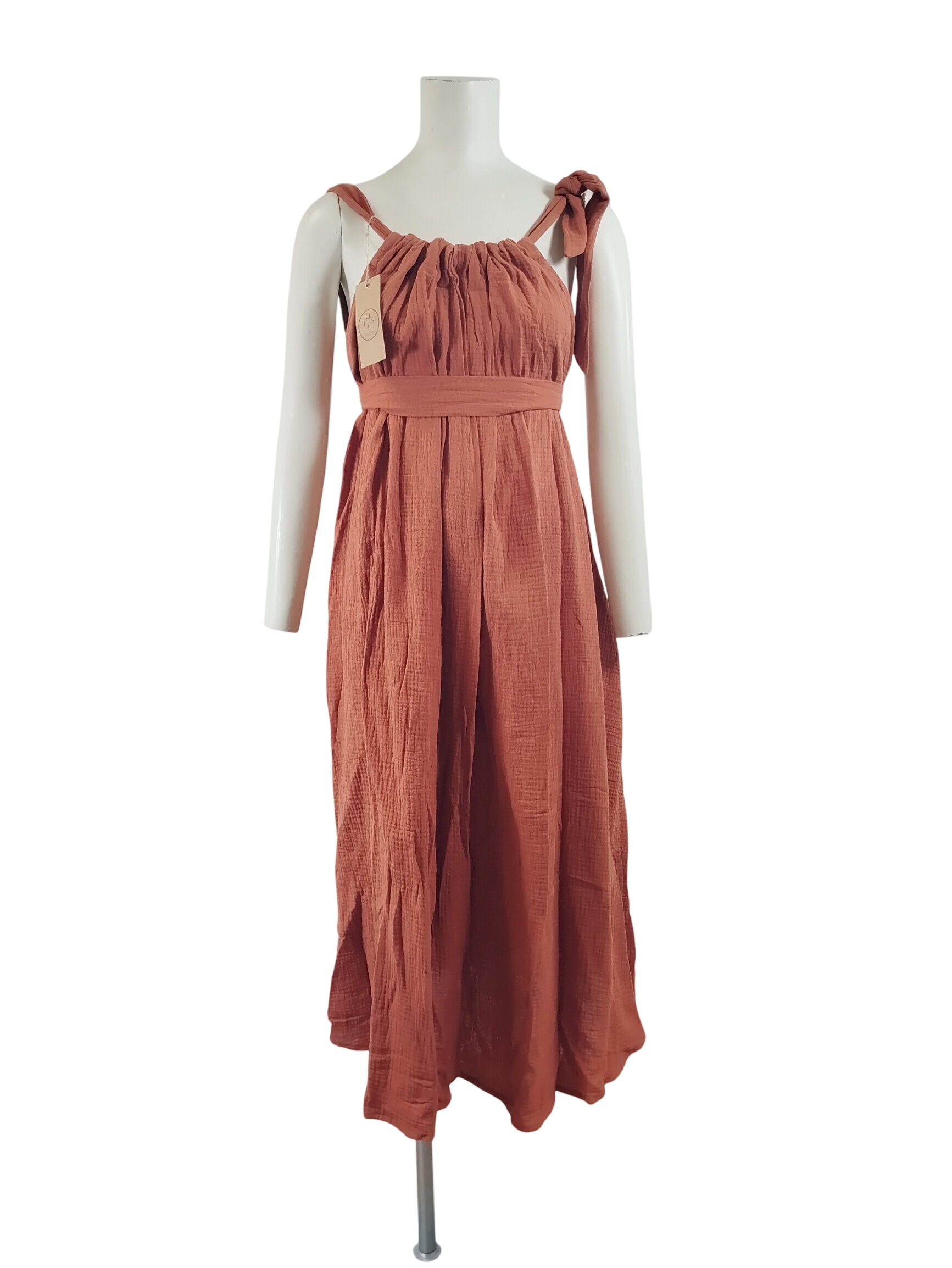 Robe longue terracotta en gaze de coton  nouer  lpaule, effet ample - Label Emmaus - Modalova