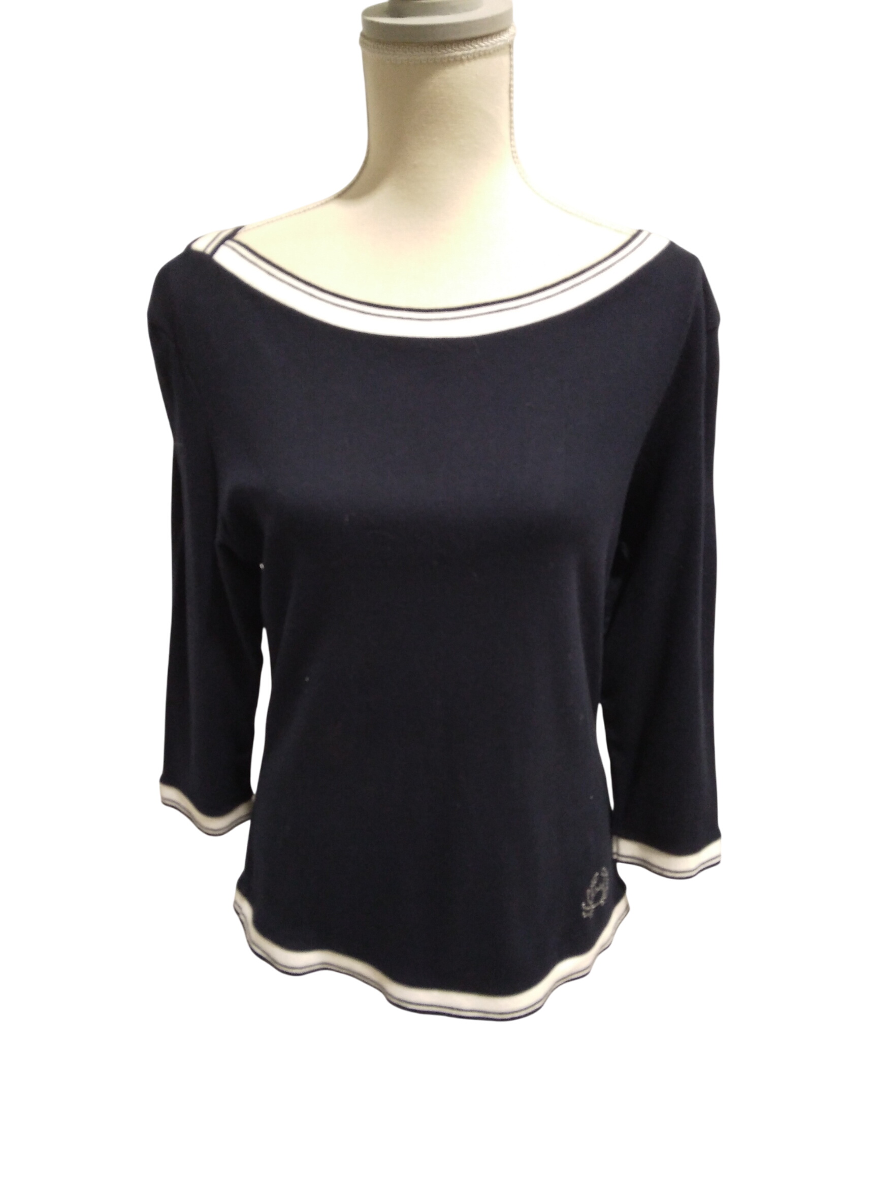 Pull bleu marine et bandes blanches, Caroll - 44. - Photo 0