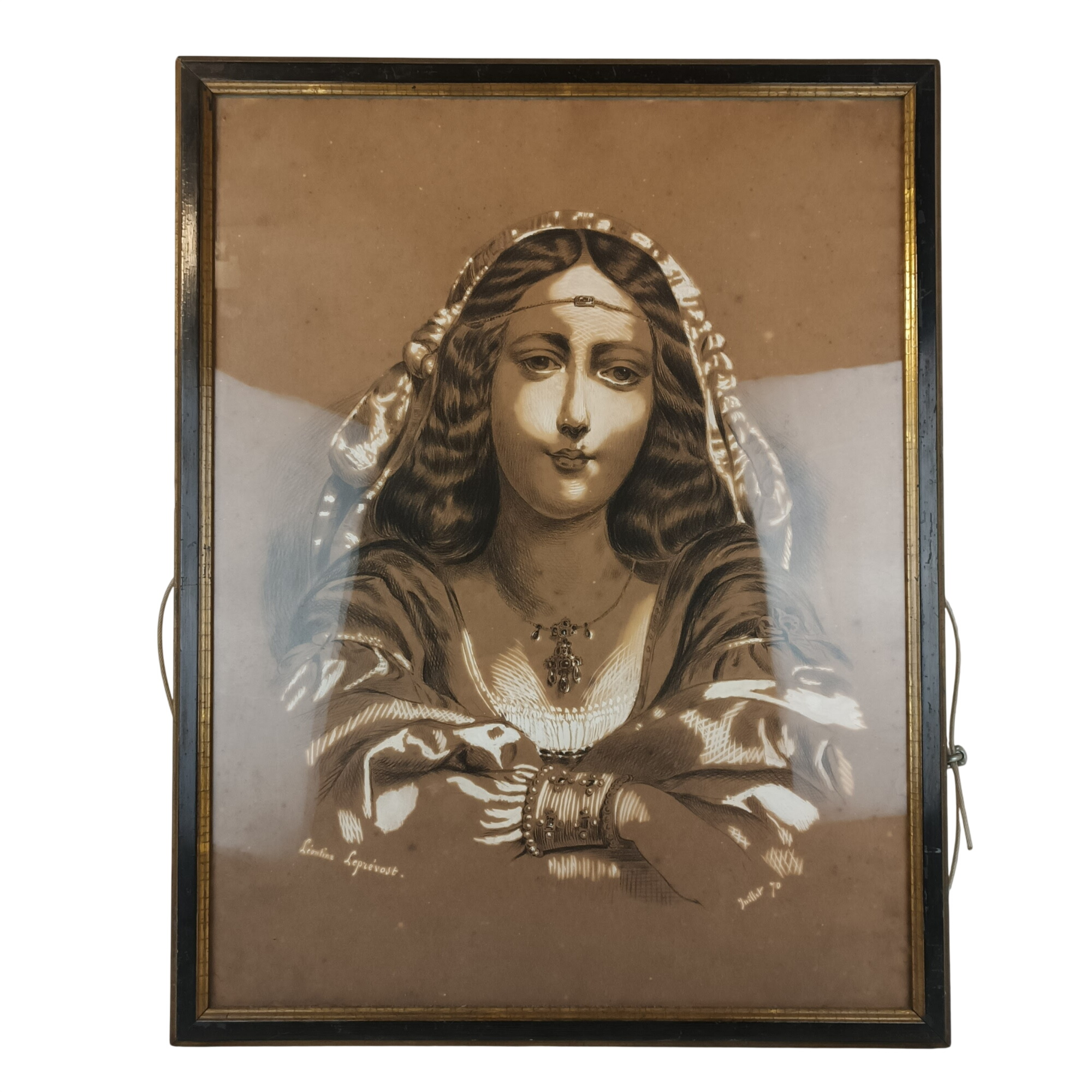 Tableau sous verre avec dessin crayonné et peinture blanche représentant une jeune femme , œuvre de 1870 État correct -  reconditionné disponible sur Label Emmaüs
