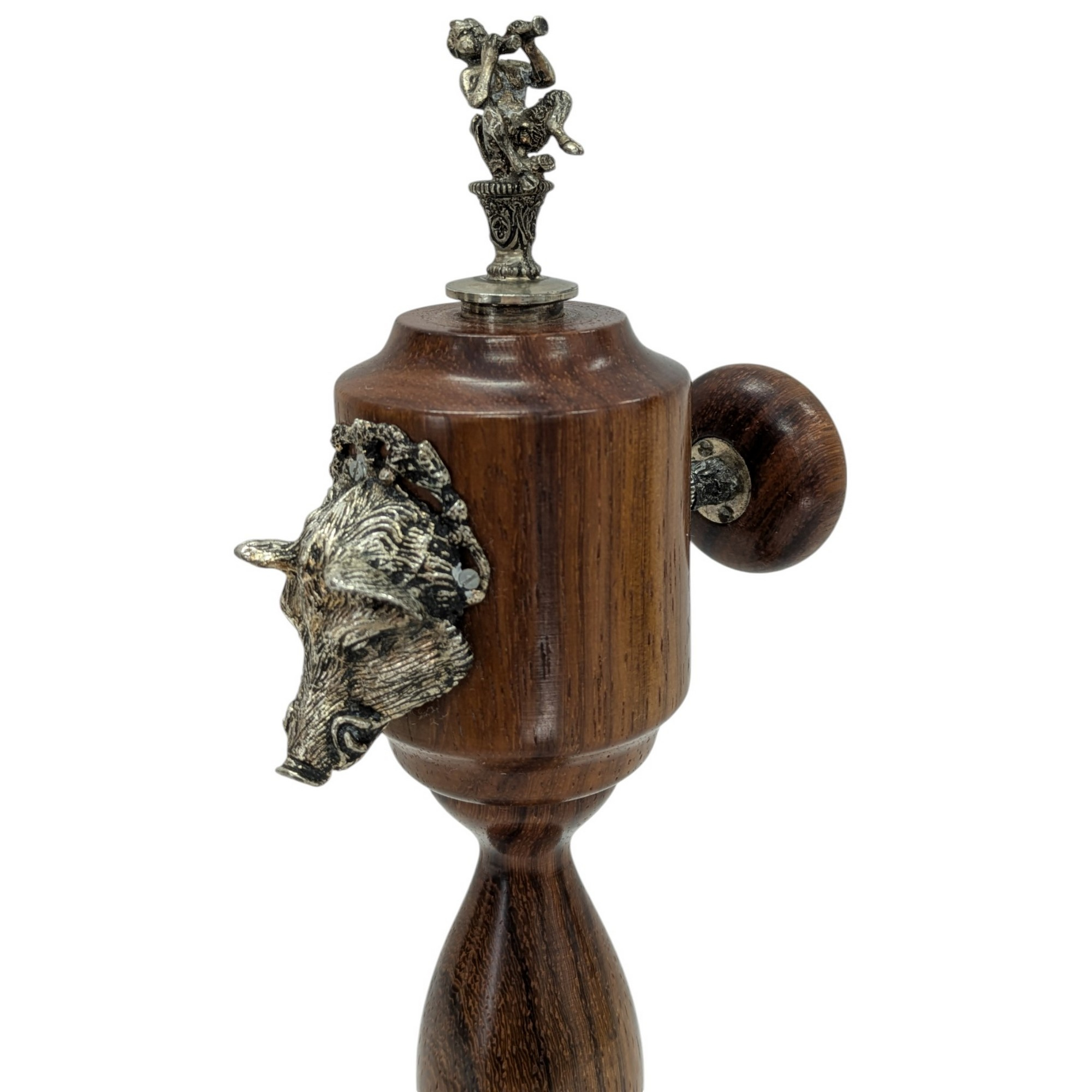 Grand moulin à poivre original vintage tête de sanglier et satyre en bois et métal H 29 cm - Photo 2