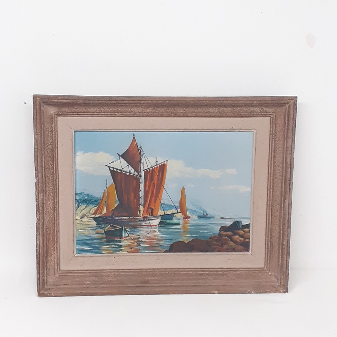 Tableau Marin à L'huile Signé T.Muller - Bateaux - 21x40 Cm