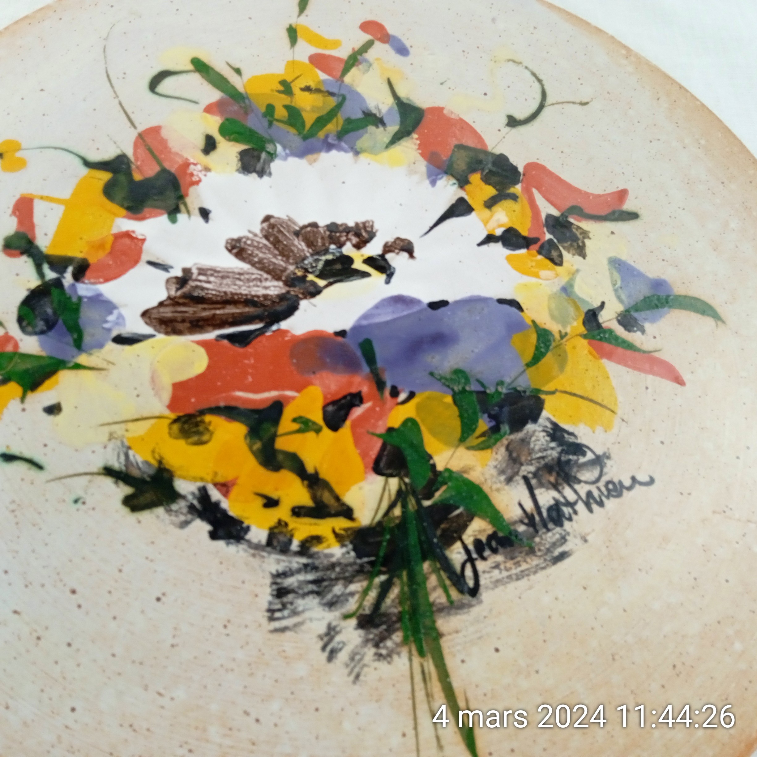 Plateau en céramique décor floral signé Jean Mathien Très bon état - Vue 2 - 