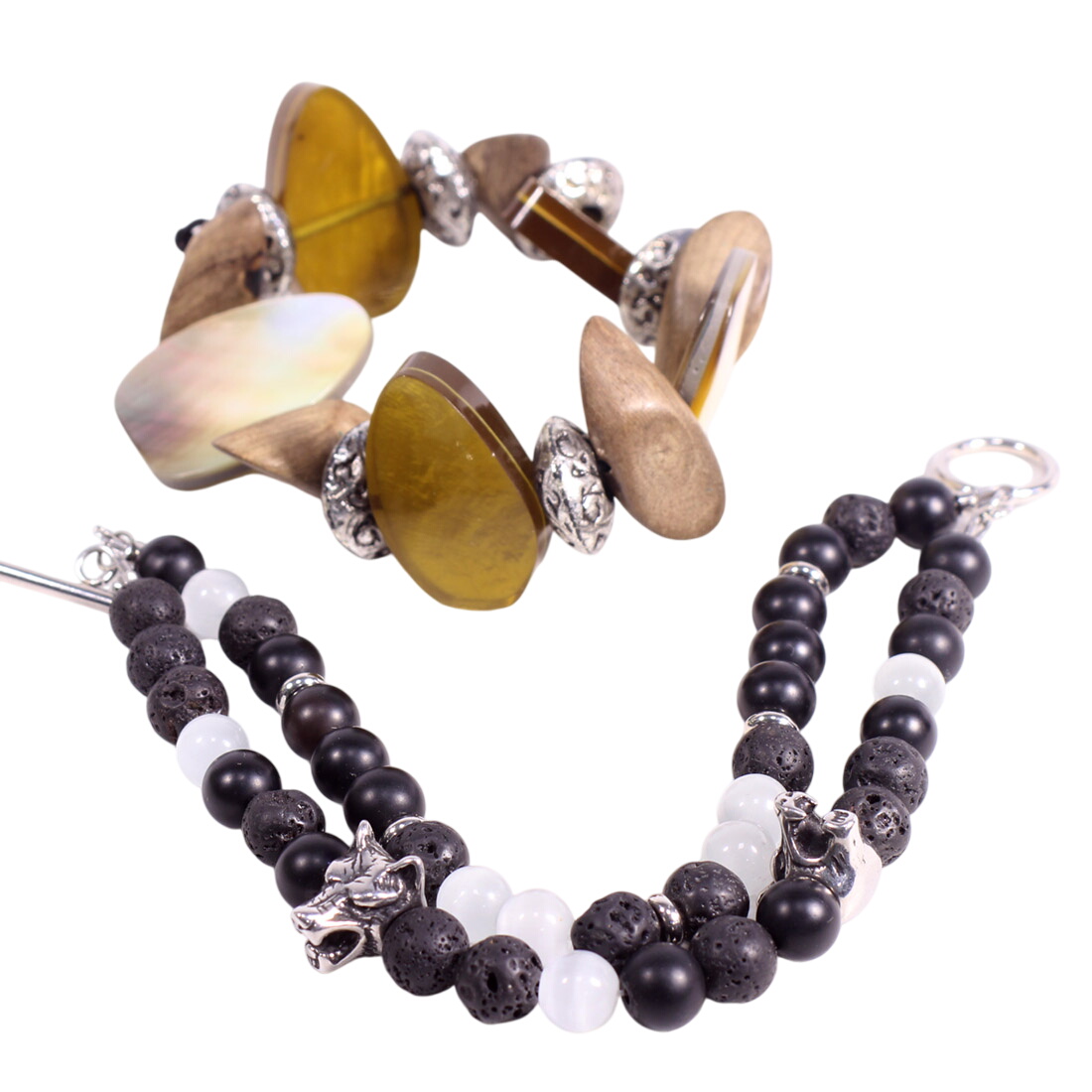 2 bracelets pierre nacre verre bois  -  reconditionné disponible sur Label Emmaüs
