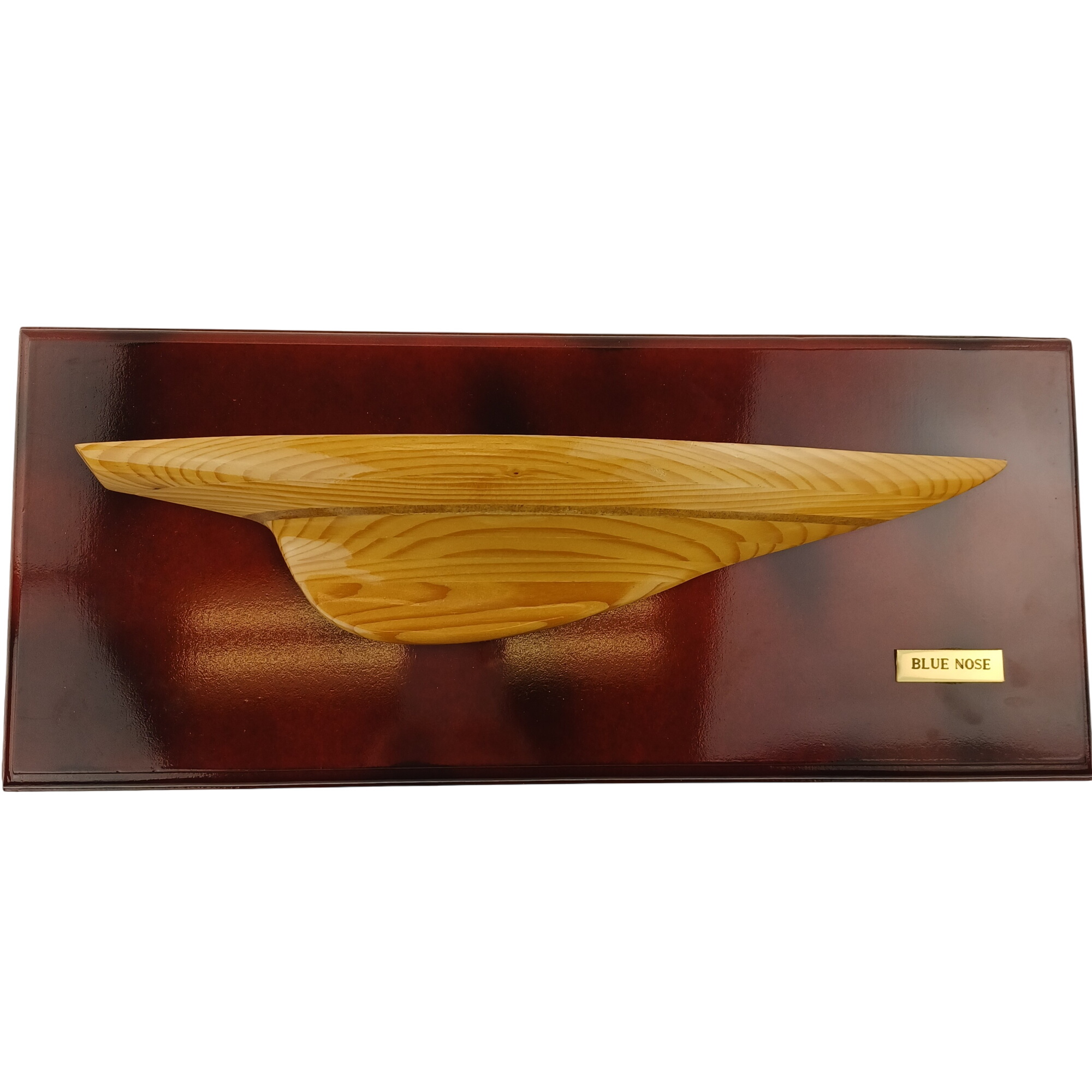 Cadre laqué d'une demi coque de bateau en bois Blue Nose de 41x16cm Très bon état -  reconditionné disponible sur Label Emmaüs