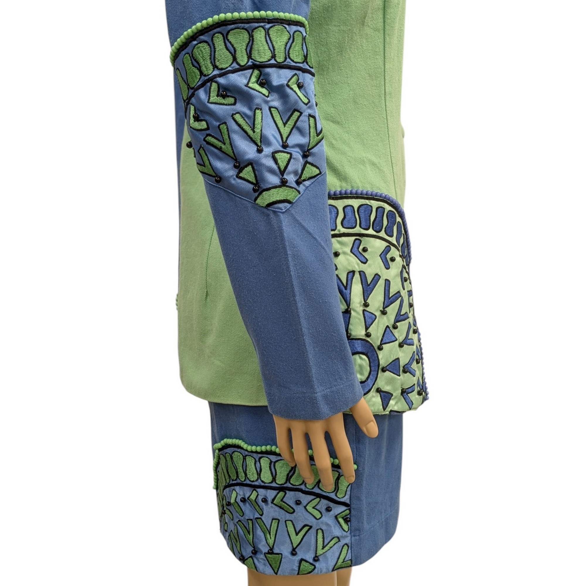 Tailleur Korii Joko T S Ensemble jupe & veste bleu et vert Broderies et perles Vintage 80's - Bon état - Photo 9