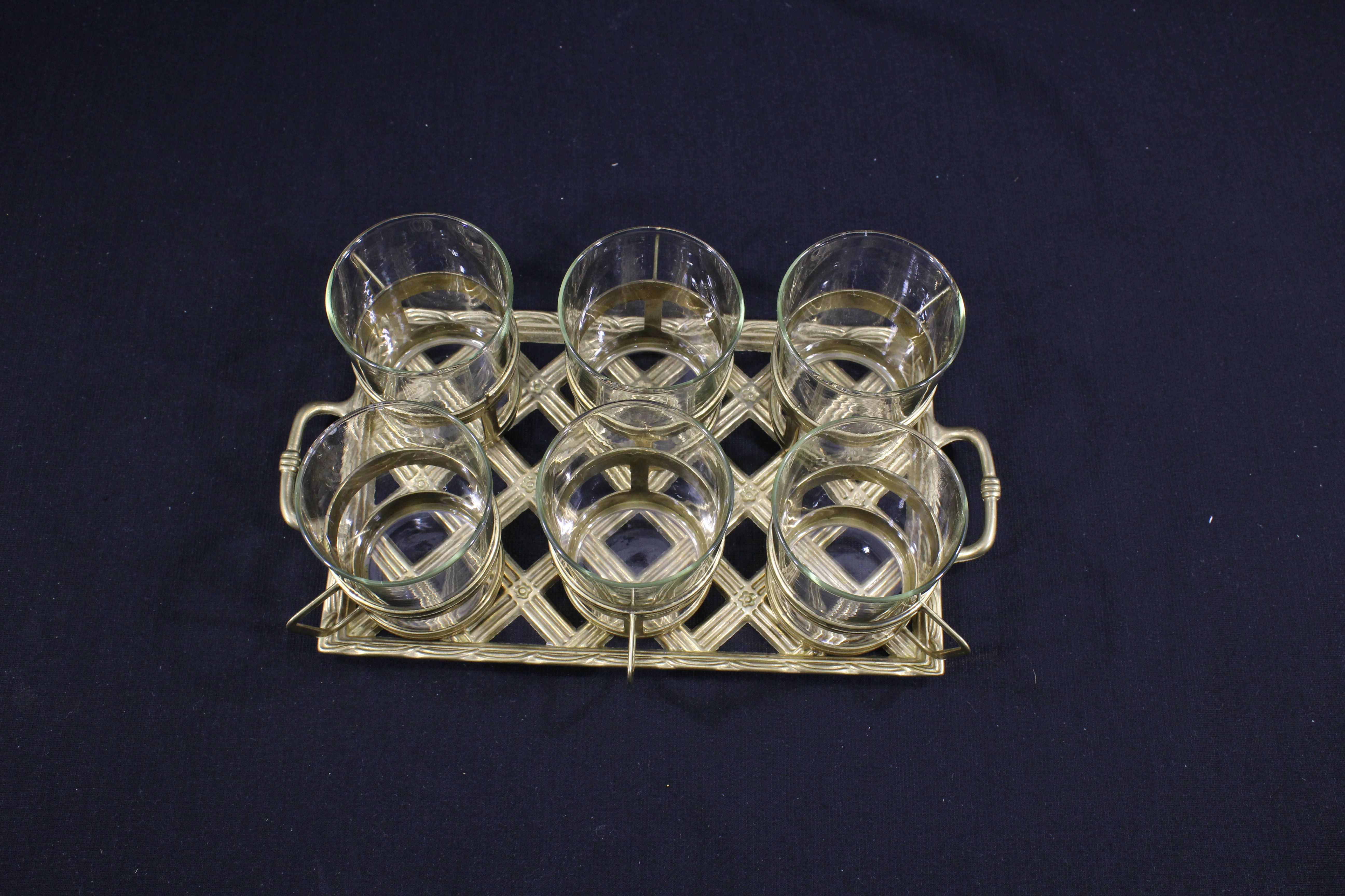 Ensemble de service à thé en verre et laiton + plateau en laiton - Années 70 Bon état - Vue 10 - 