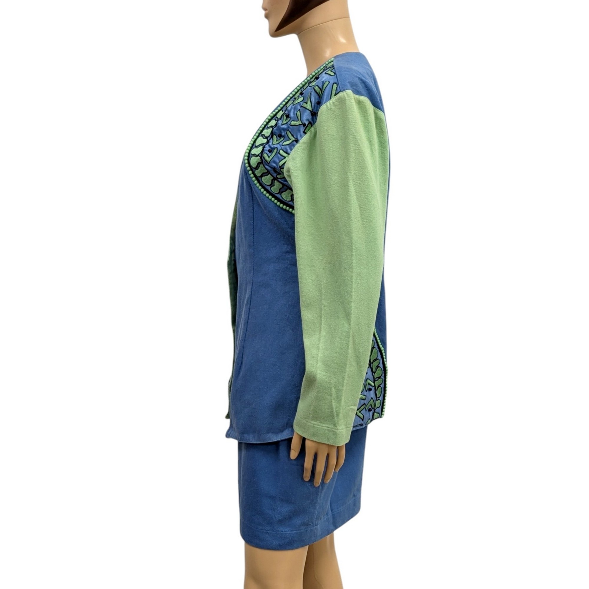 Tailleur Korii Joko T S Ensemble jupe & veste bleu et vert Broderies et perles Vintage 80's - Bon état - Photo 5