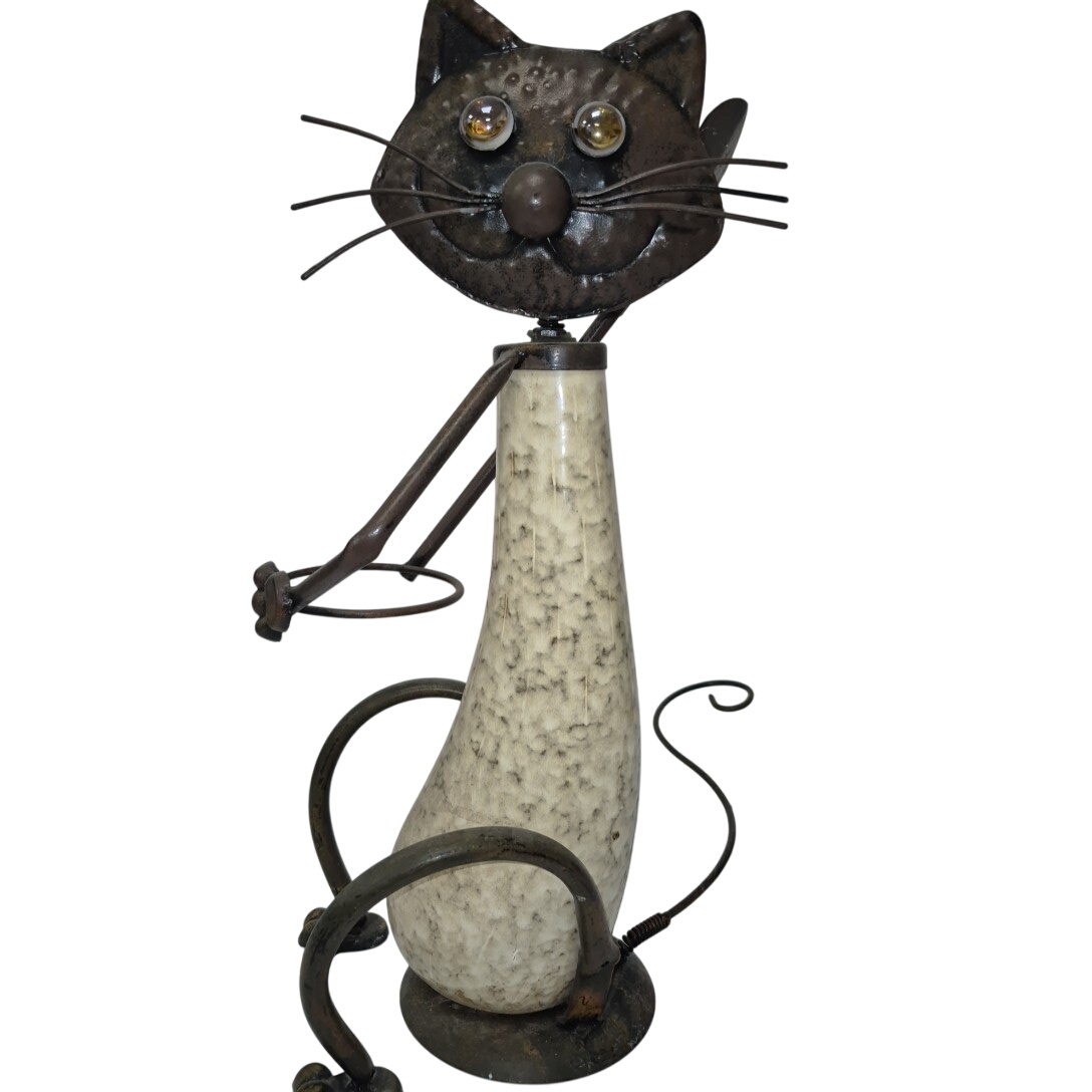 Support pour pot de fleurs chat en fer et céramique H 50 cm - Photo 0