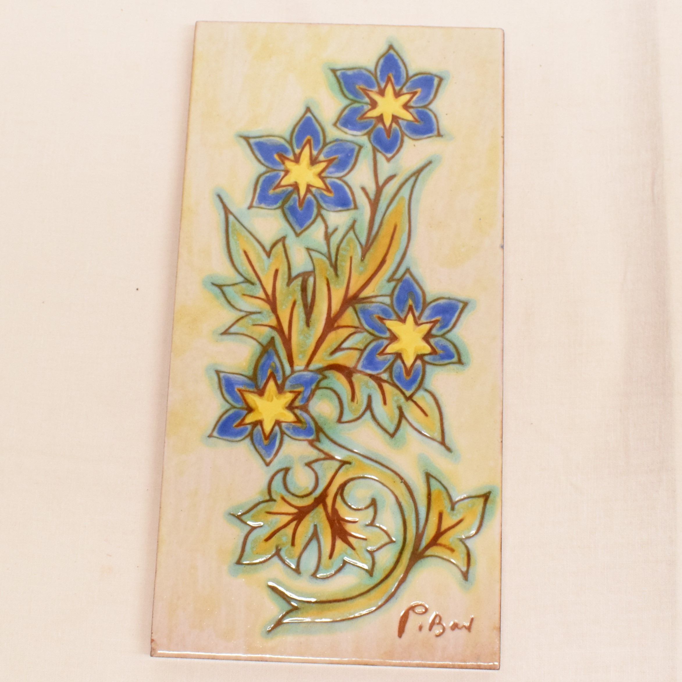 Duo de carreaux de céramique décor floral Signées P. Bay St VICENS Perpignan  Bon état - Vue 3 - 