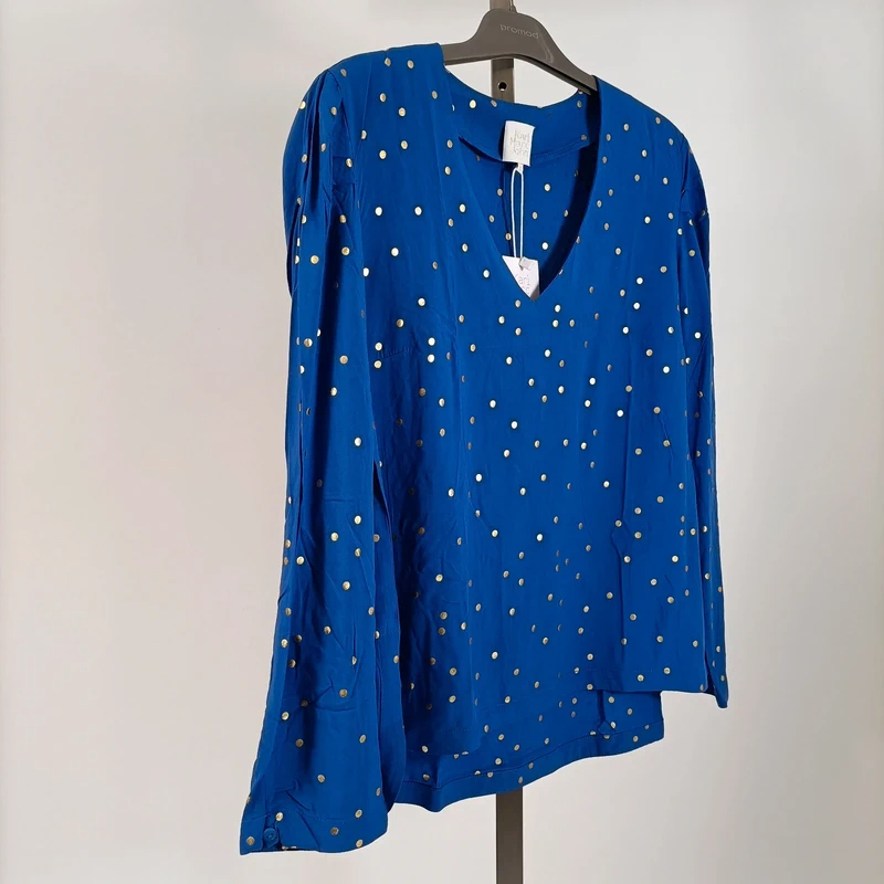 Blouse bleue à pois dorés Karl Marc John col V fluide élégante taille S Comme neuf - Vue 4 - 