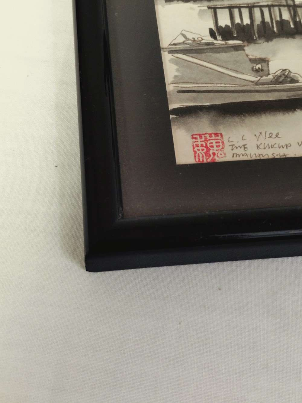 Encre de Chine authentique, village de pêcheurs asiatique, signé L.L Wee. - Photo 3