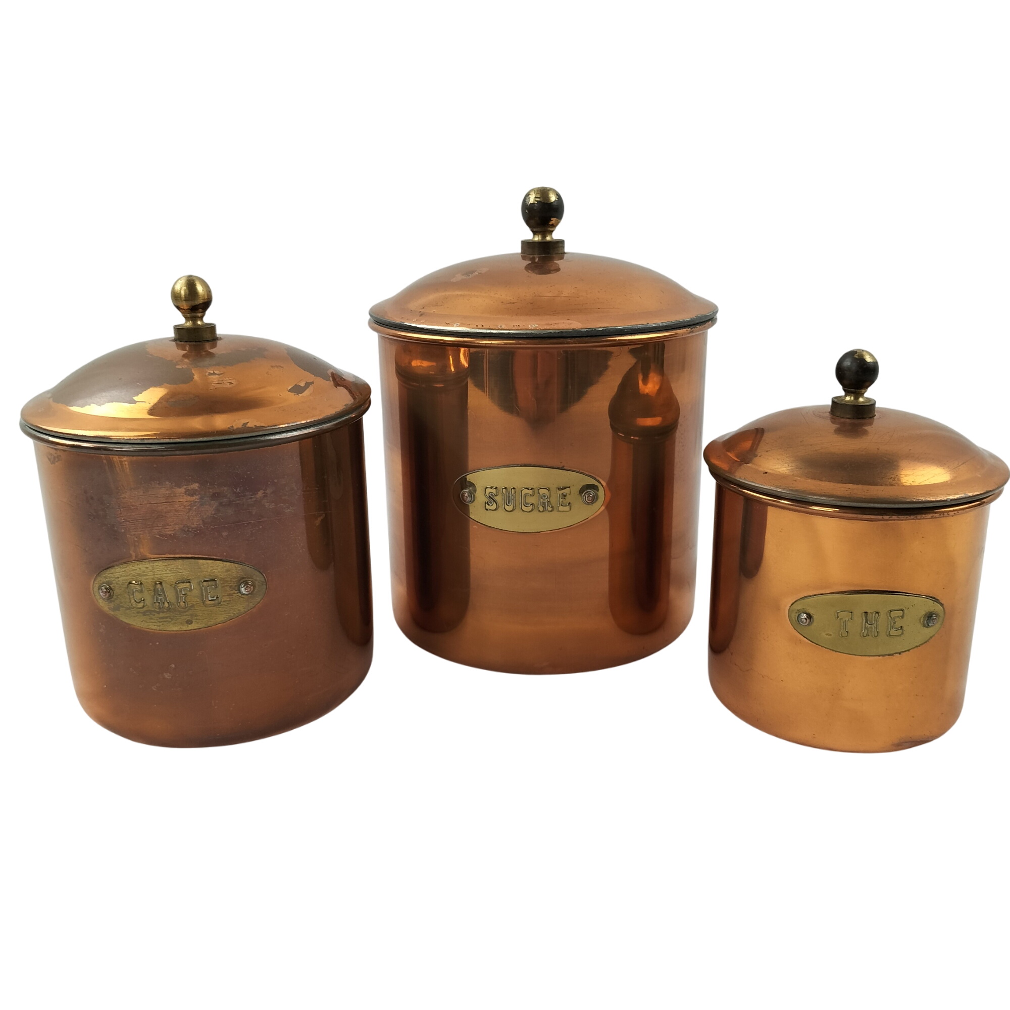 Trio de Pots de Cuisine Vintage en Métal Cuivré – Sucre, Café, Thé - Photo 0