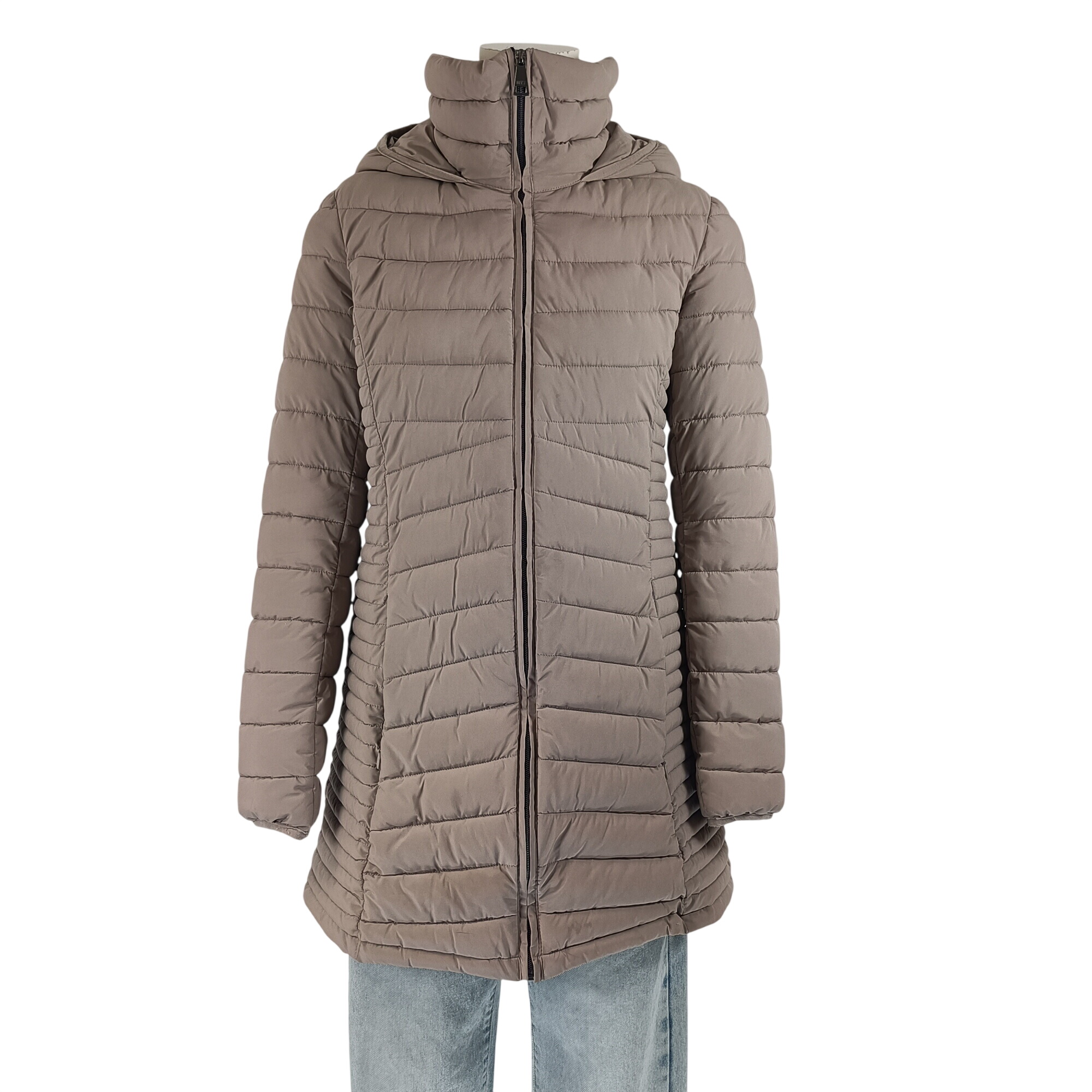 Doudoune beige DKNY Donna Karan New York à capuche, coupe mi-longue légère et chaude, logo dos, taille S  -  reconditionné disponible sur Label Emmaüs
